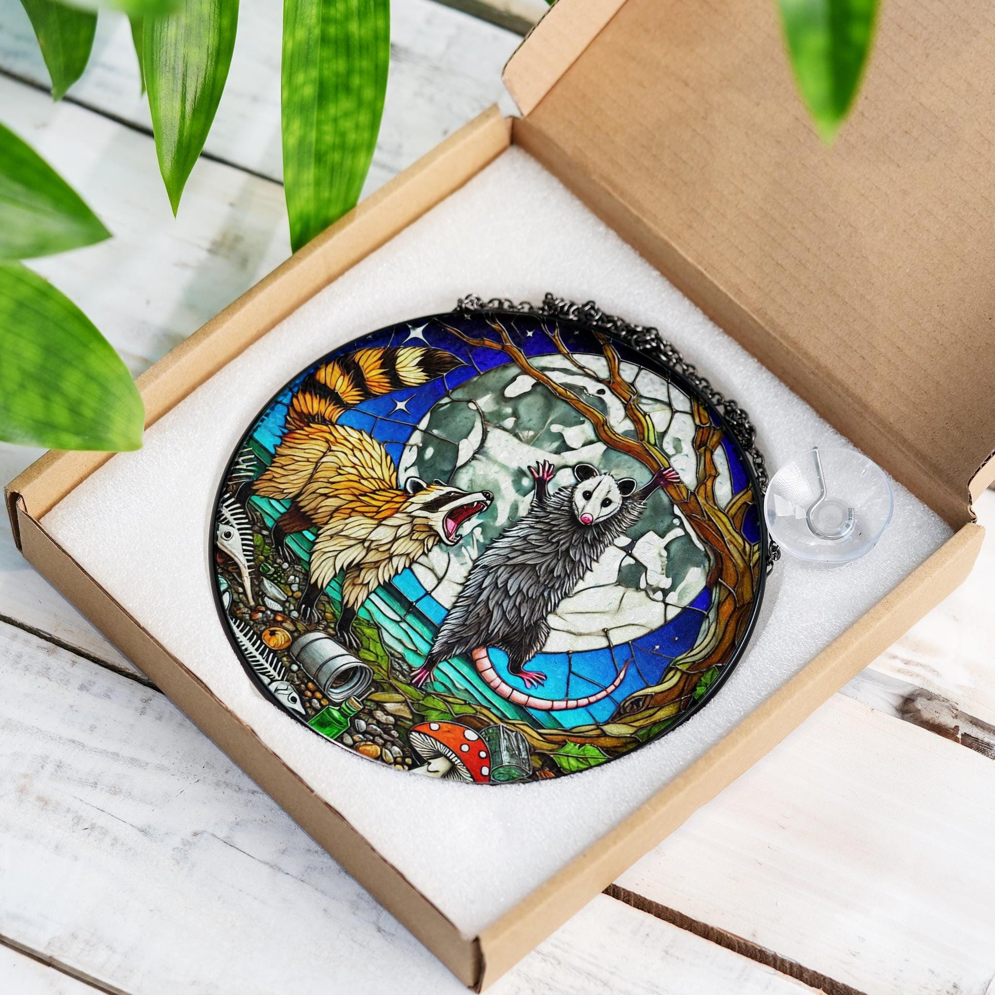 Glass Suncatcher – Quirky Raccoon and Possum Glass Window Art