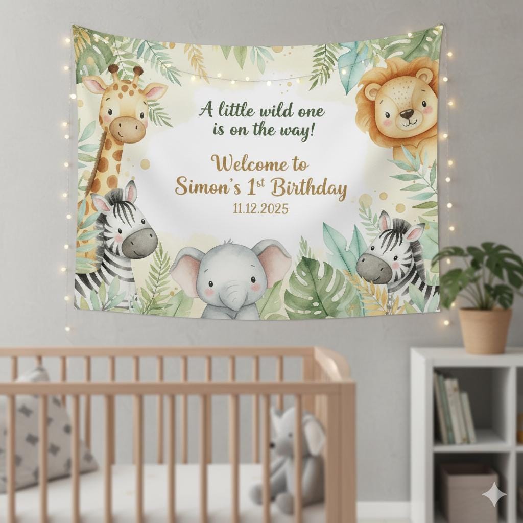 Safari Jungle Birthday Tapestry – Personalized Name & Age Party Backdrop Decor