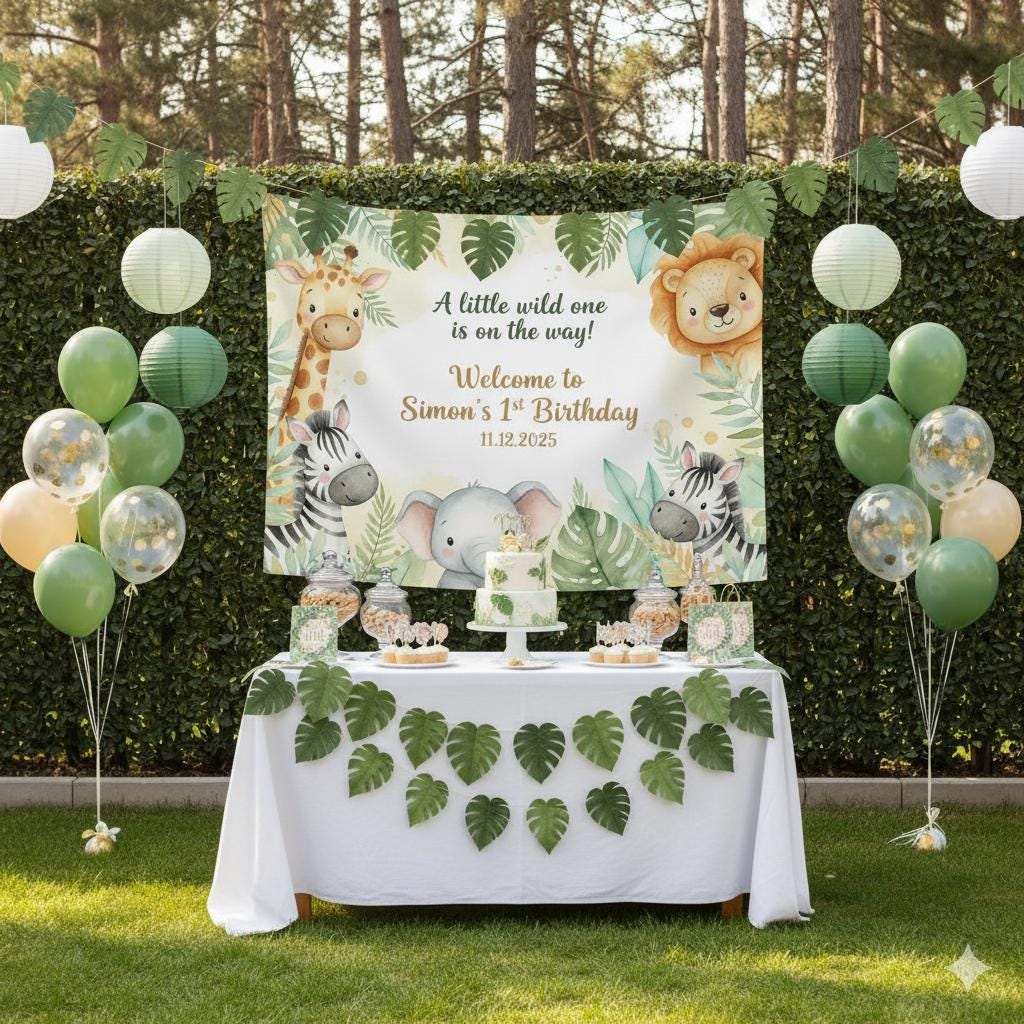 Safari Jungle Birthday Tapestry – Personalized Name & Age Party Backdrop Decor