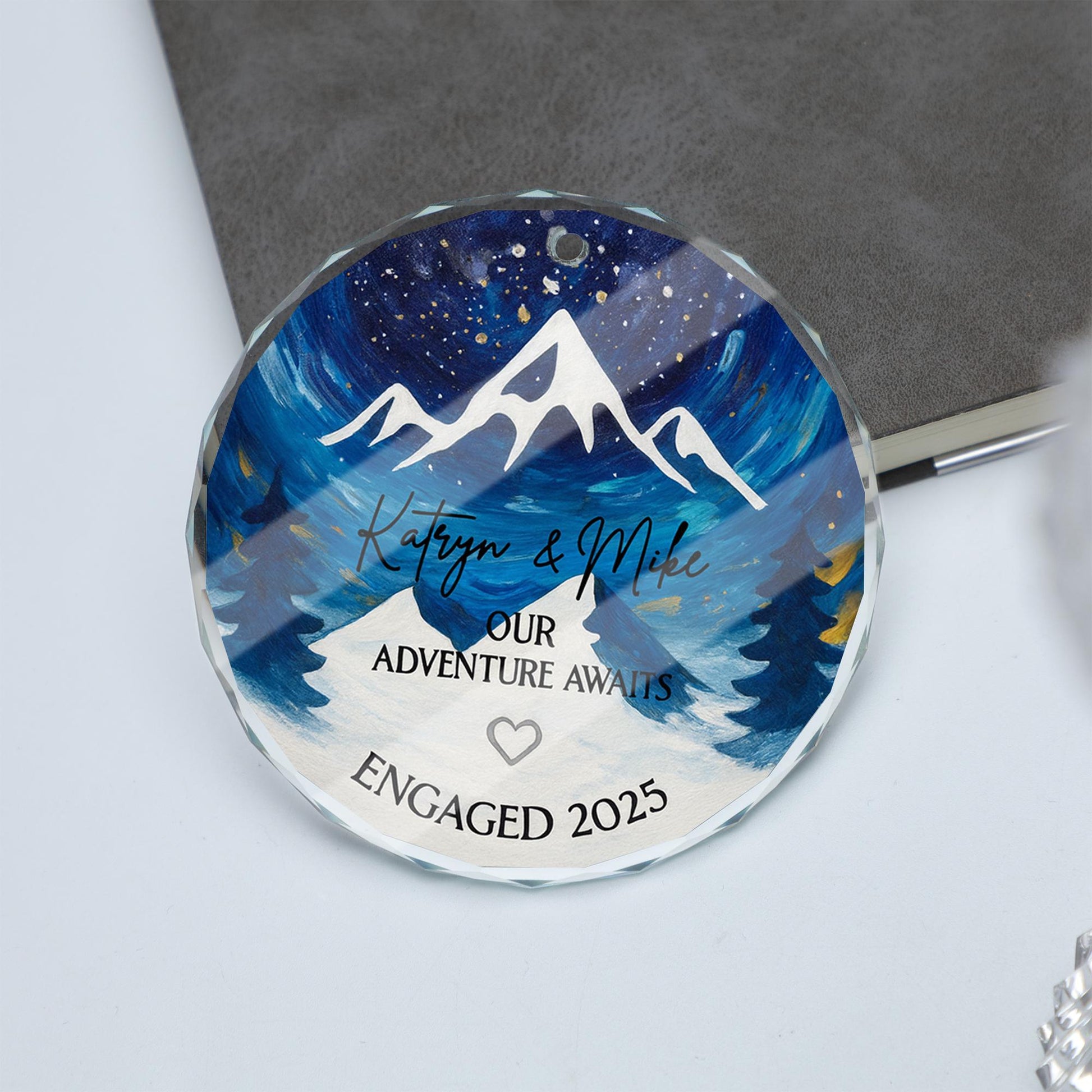 Engagement Ornament 2025 – Personalized Our Adventure Awaits Mountain Keepsake