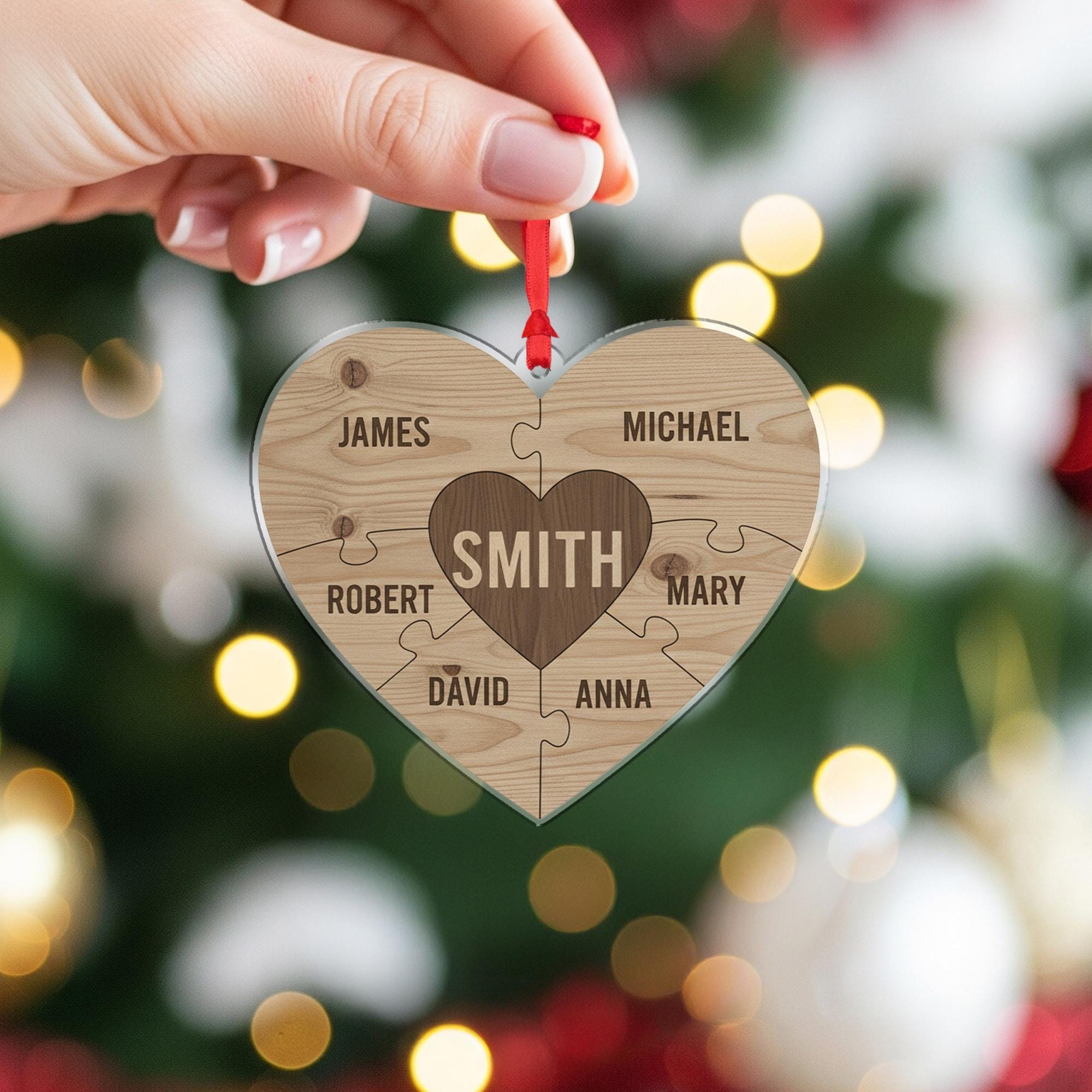 Personalized Wooden Ornament – Family Name Puzzle Heart, Custom Christmas Decoration