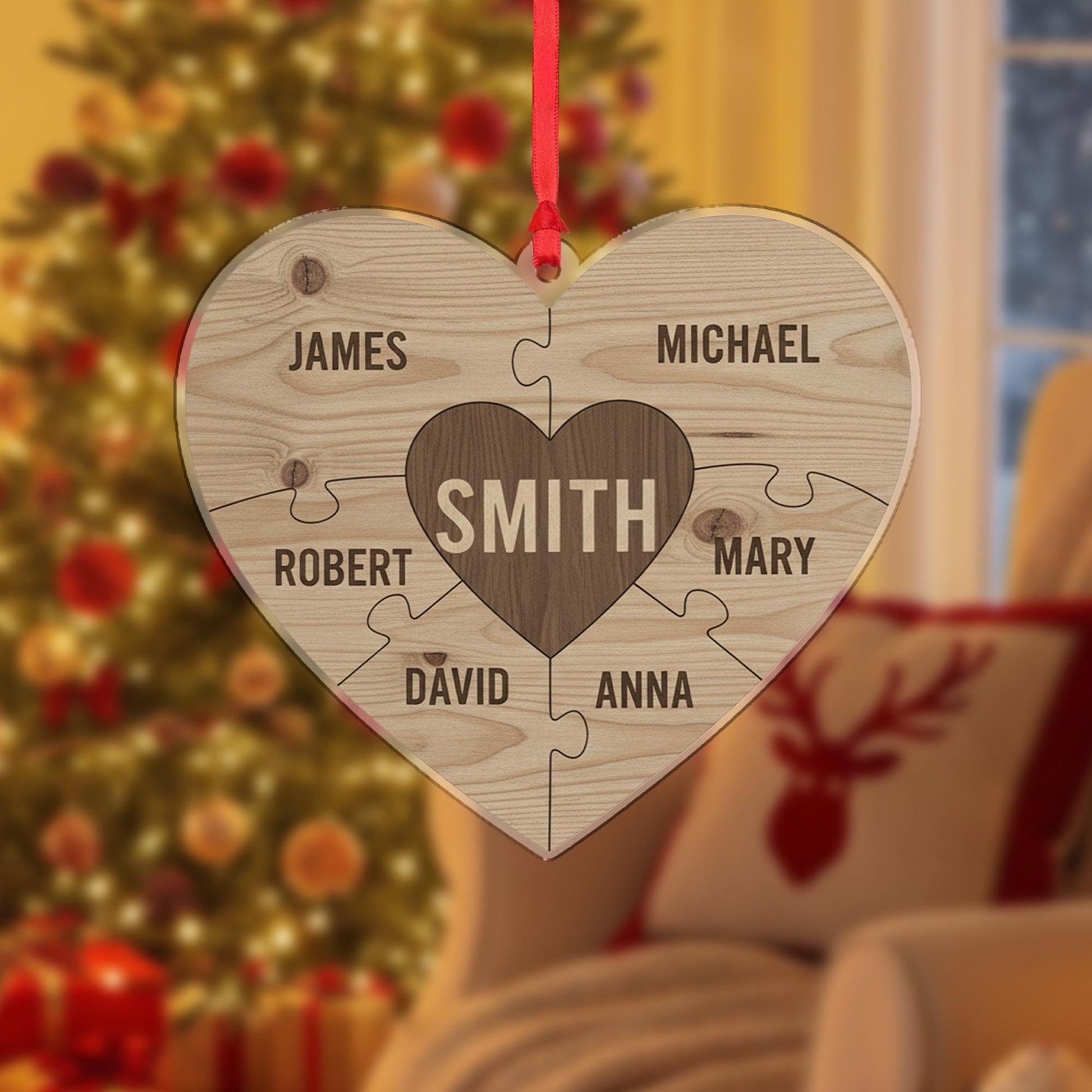 Personalized Wooden Ornament – Family Name Puzzle Heart, Custom Christmas Decoration