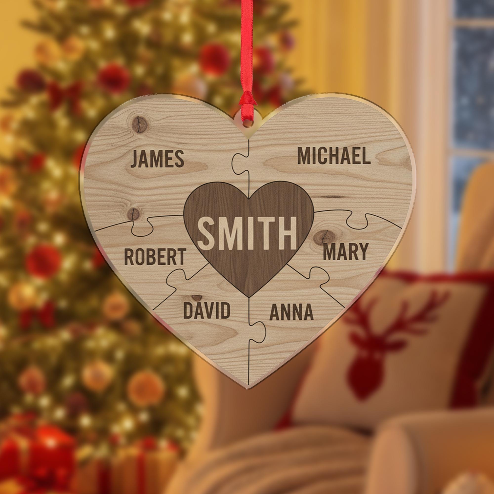 Personalized Wooden Ornament – Family Name Puzzle Heart, Custom Christmas Decoration
