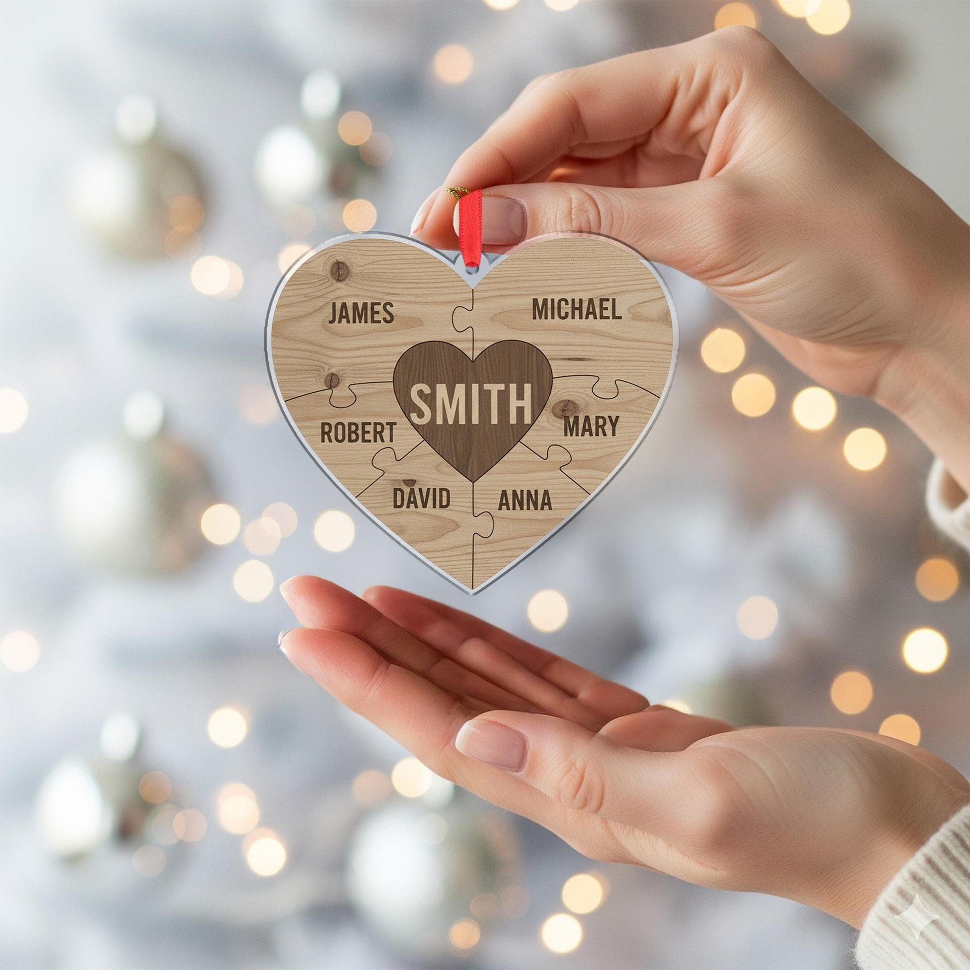 Personalized Wooden Ornament – Family Name Puzzle Heart, Custom Christmas Decoration