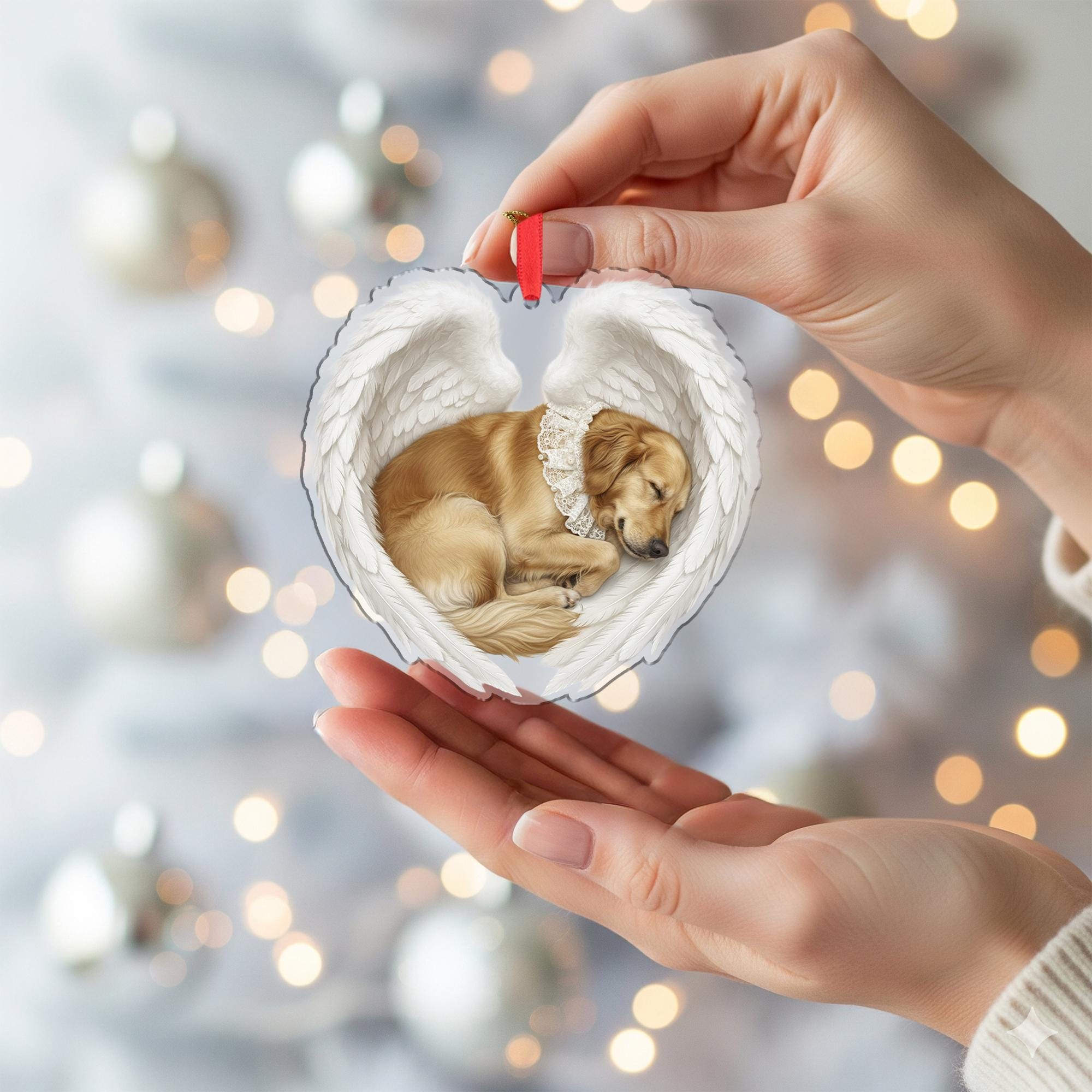 Personalized Pet Memorial Ornament – Dog with Angel Wings, Heart Shape, Christmas Decoration