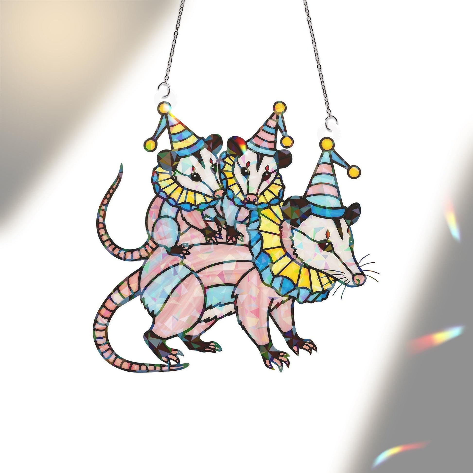 Possum Suncatcher – Holographic Acrylic Clown Mom with Babies Quirky Decor
