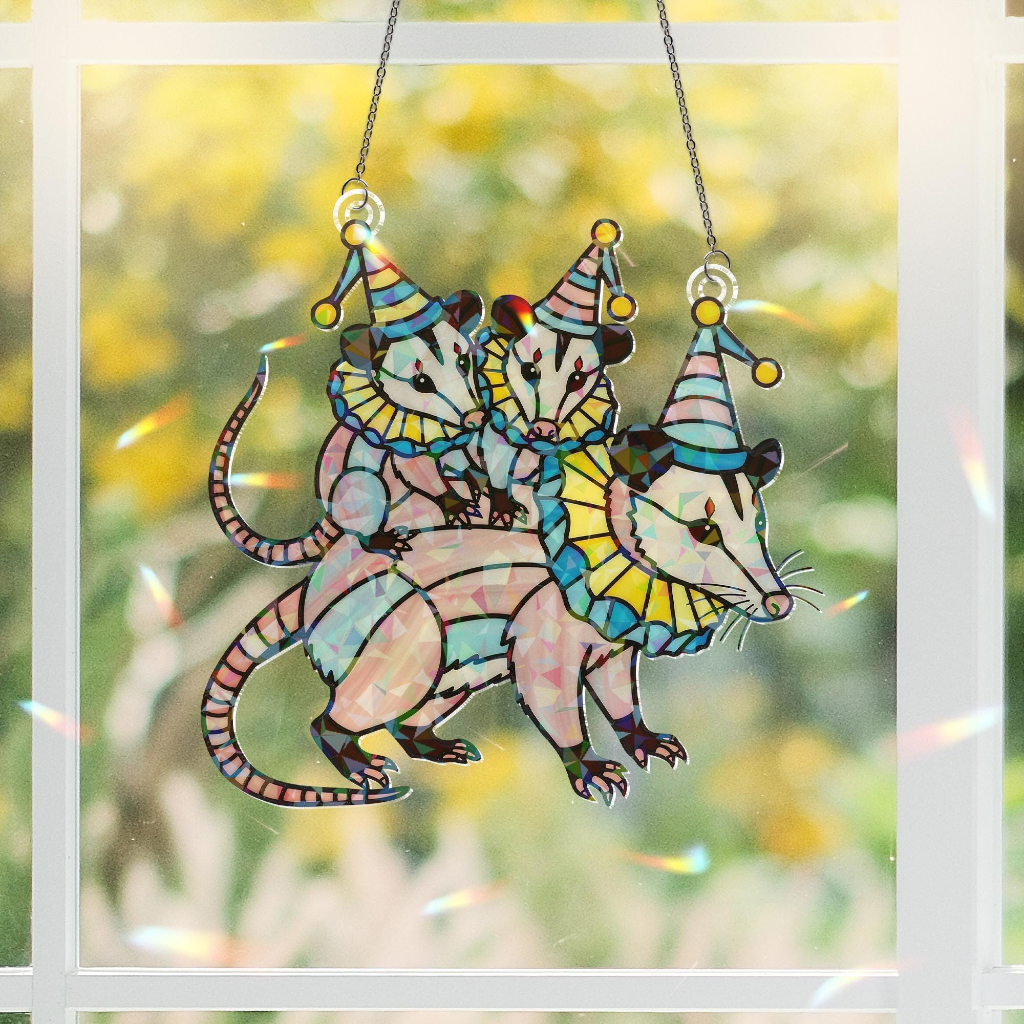 Possum Suncatcher – Holographic Acrylic Clown Mom with Babies Quirky Decor