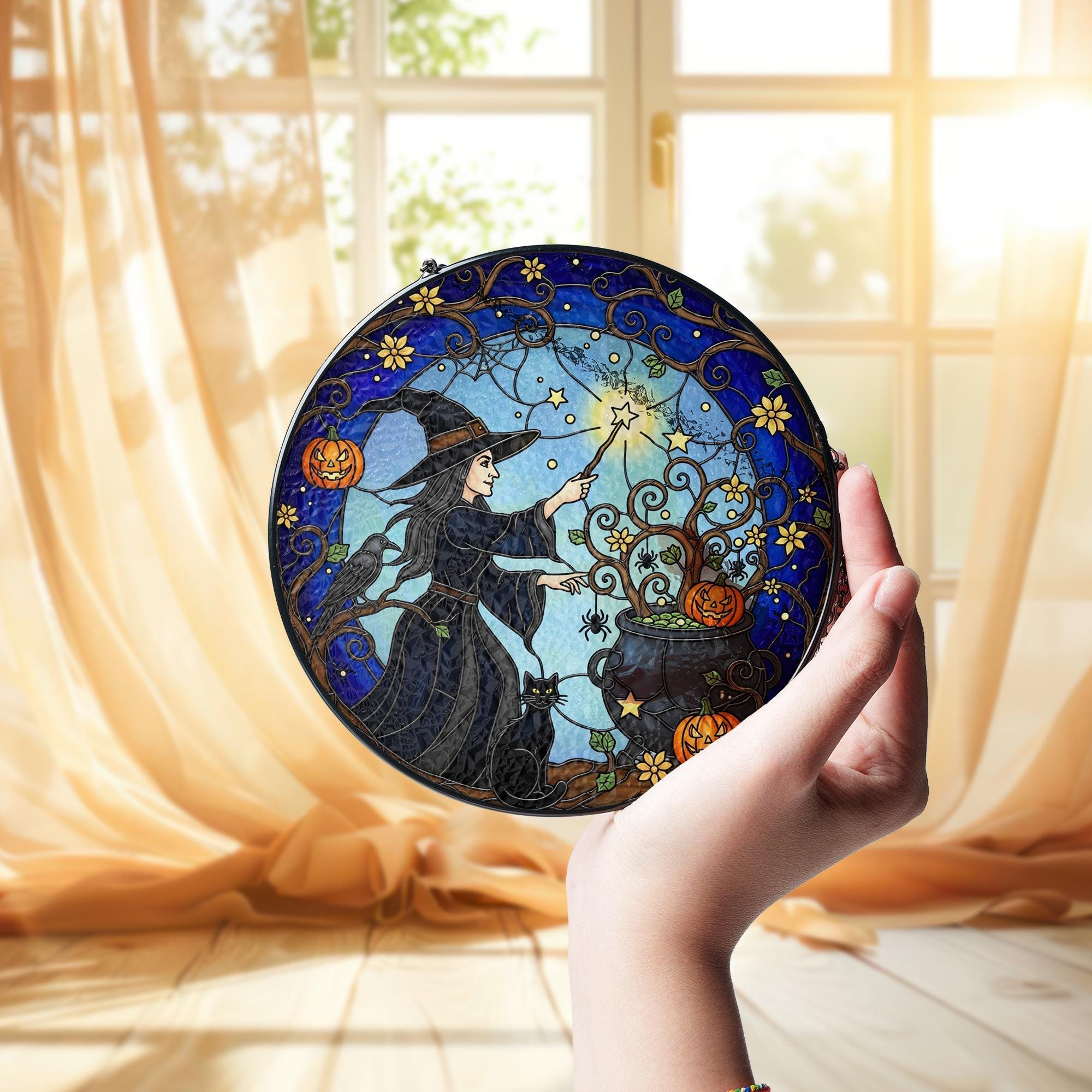 Witch Glass Suncatcher – Halloween Cauldron Pumpkin Black Cat Glass Decor