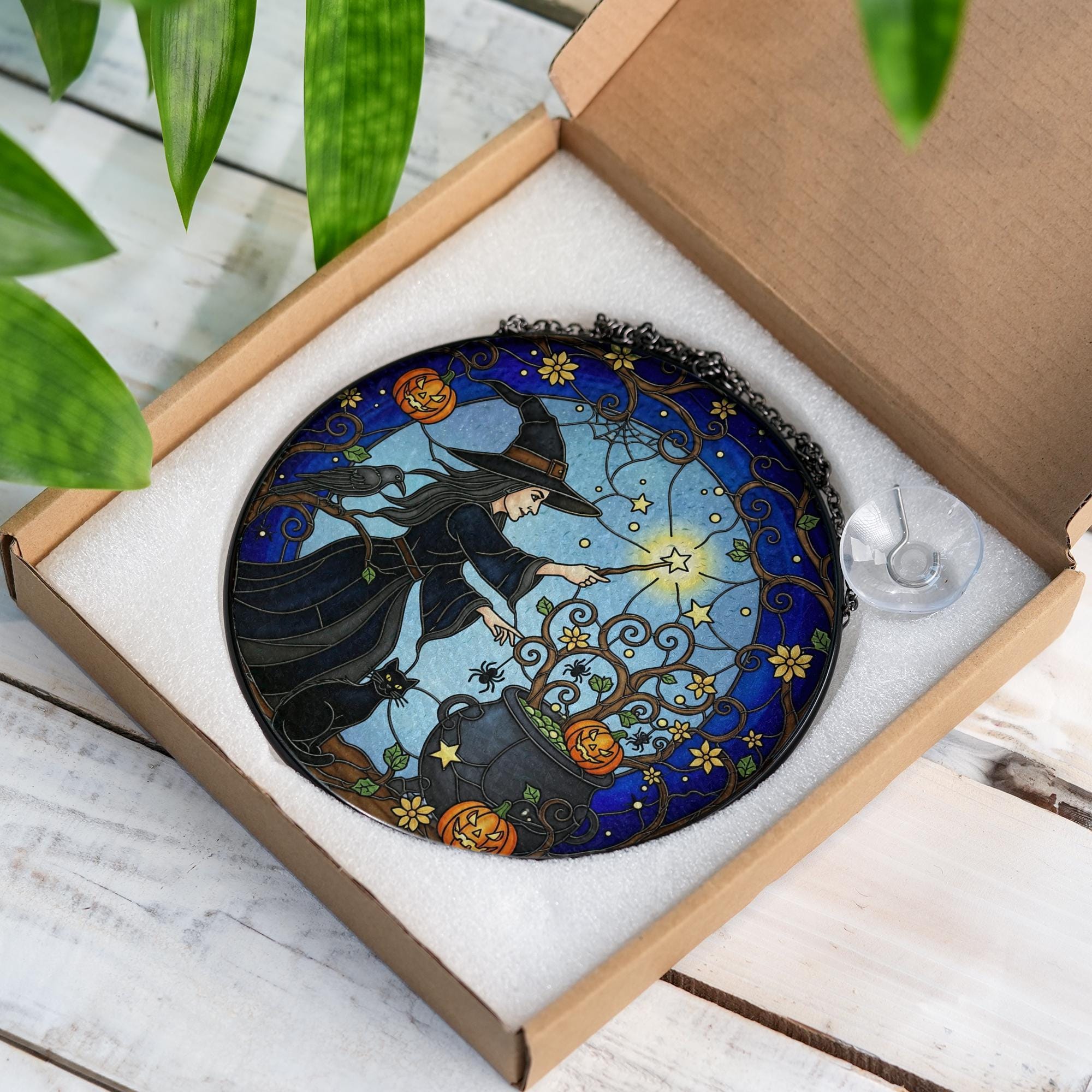Witch Glass Suncatcher – Halloween Cauldron Pumpkin Black Cat Glass Decor