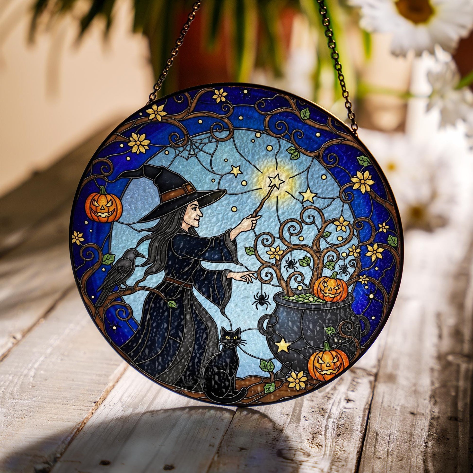 Witch Glass Suncatcher – Halloween Cauldron Pumpkin Black Cat Glass Decor