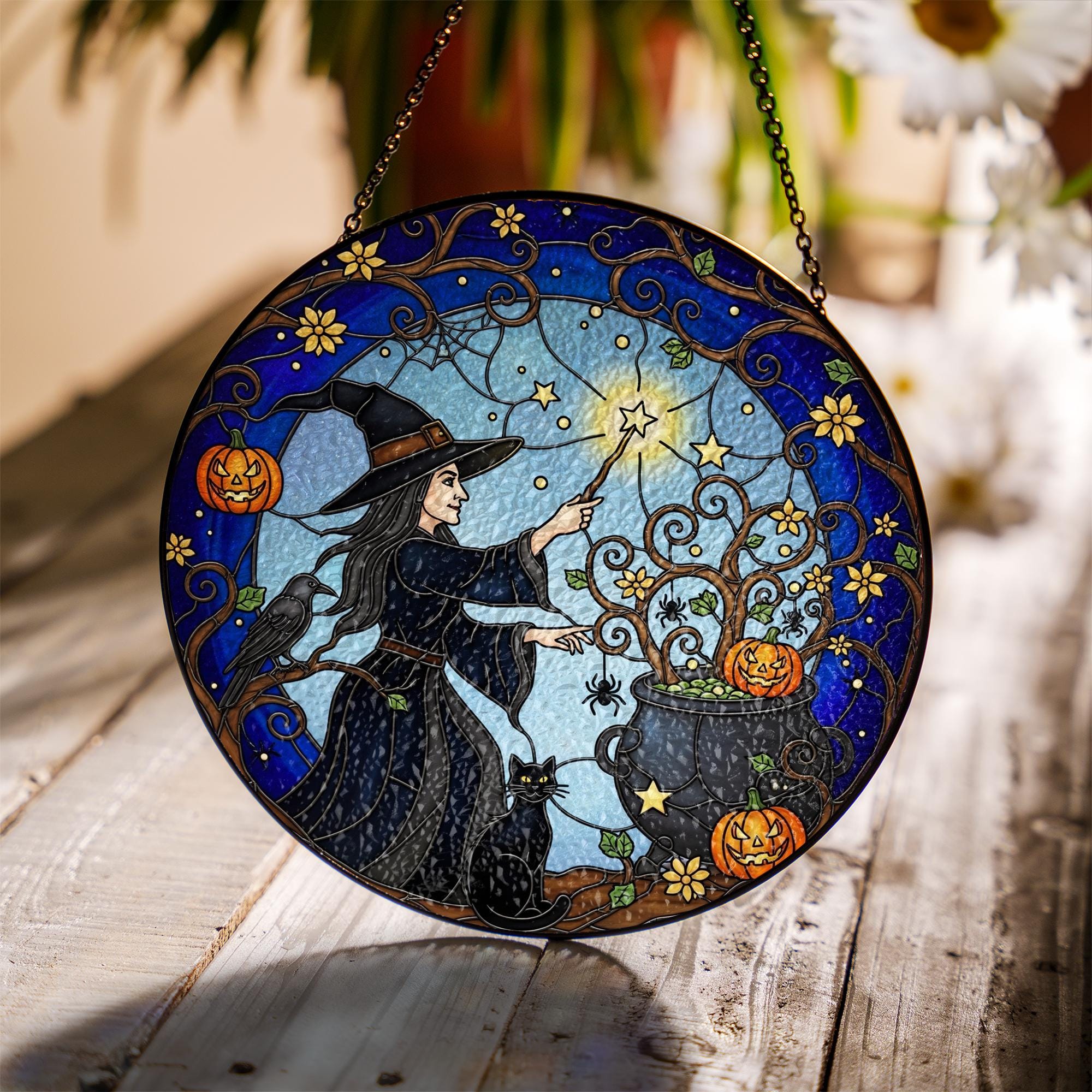 Witch Glass Suncatcher – Halloween Cauldron Pumpkin Black Cat Glass Decor