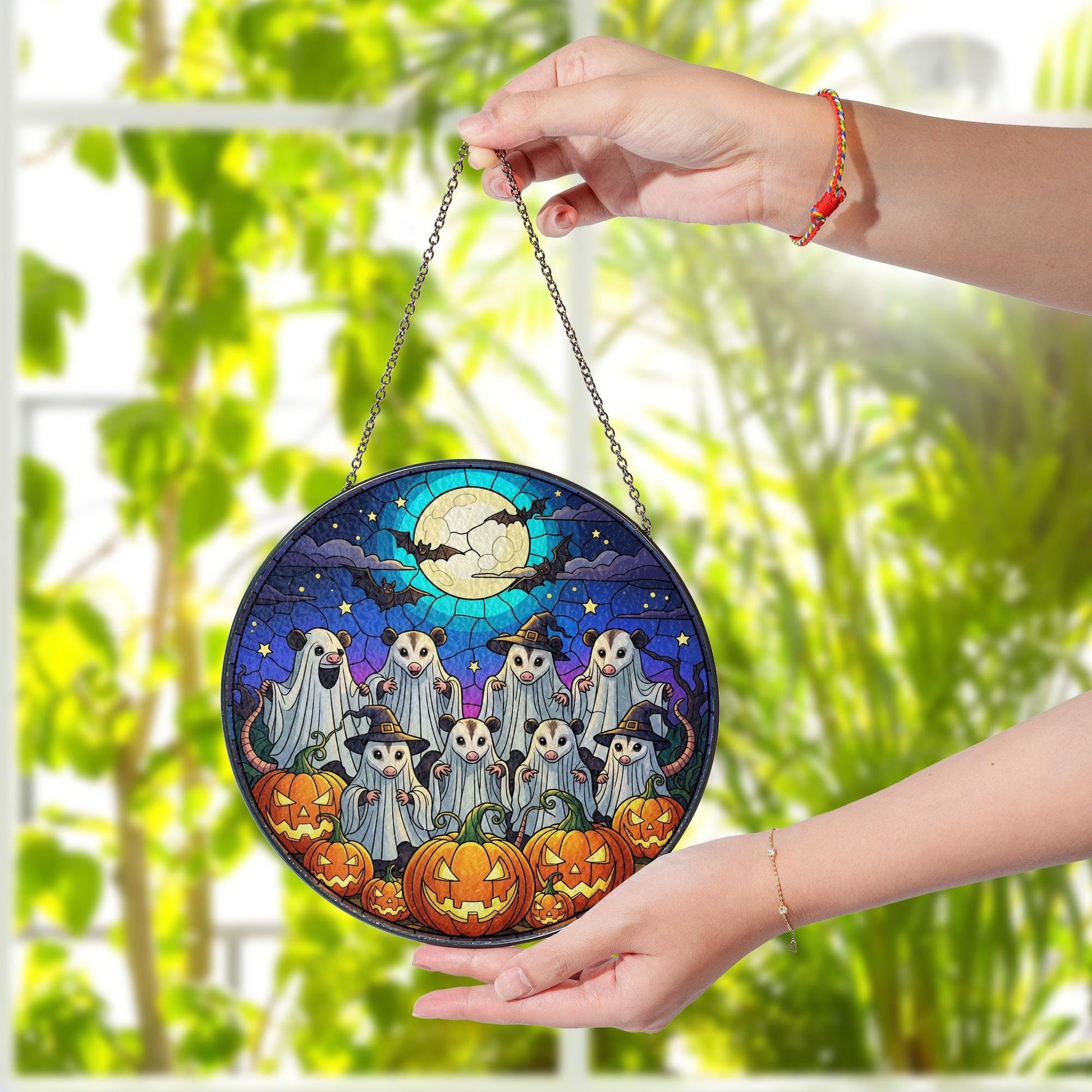 Possum Glass Suncatcher – Halloween Ghosts Pumpkins Full Moon Glass Decor