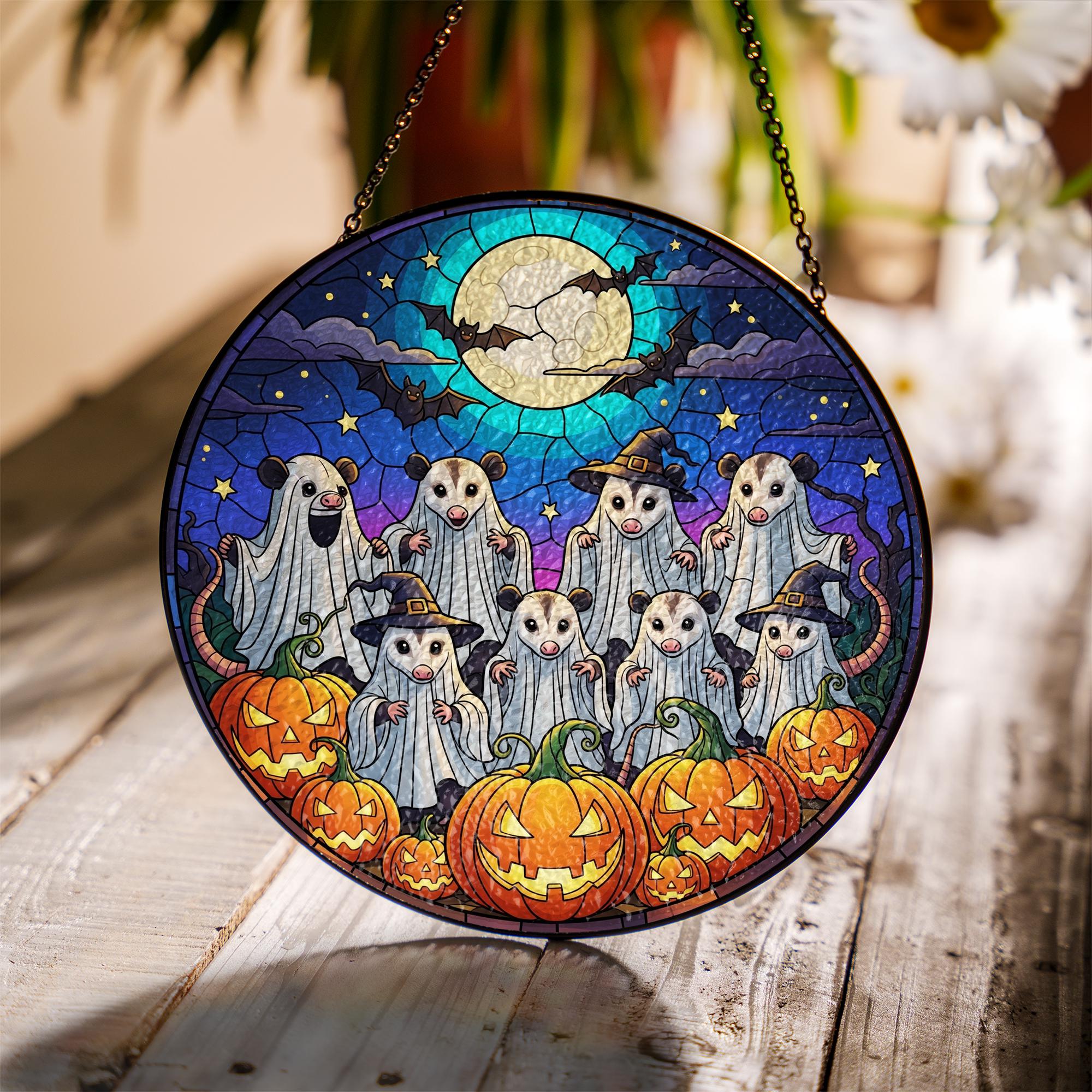 Possum Glass Suncatcher – Halloween Ghosts Pumpkins Full Moon Glass Decor