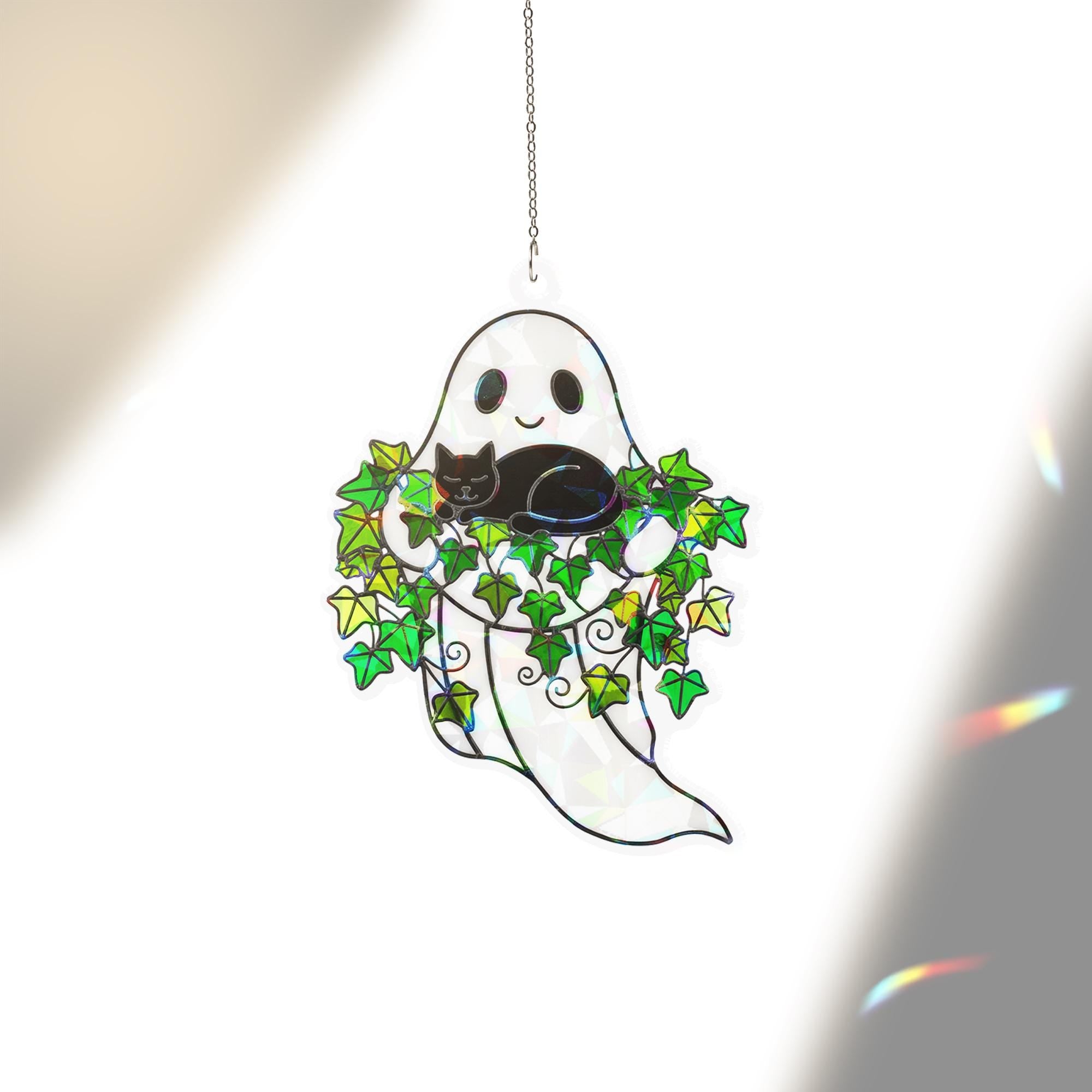 Ghost Window Hanging with Cat and Ivy: Sun Catcher Decoration