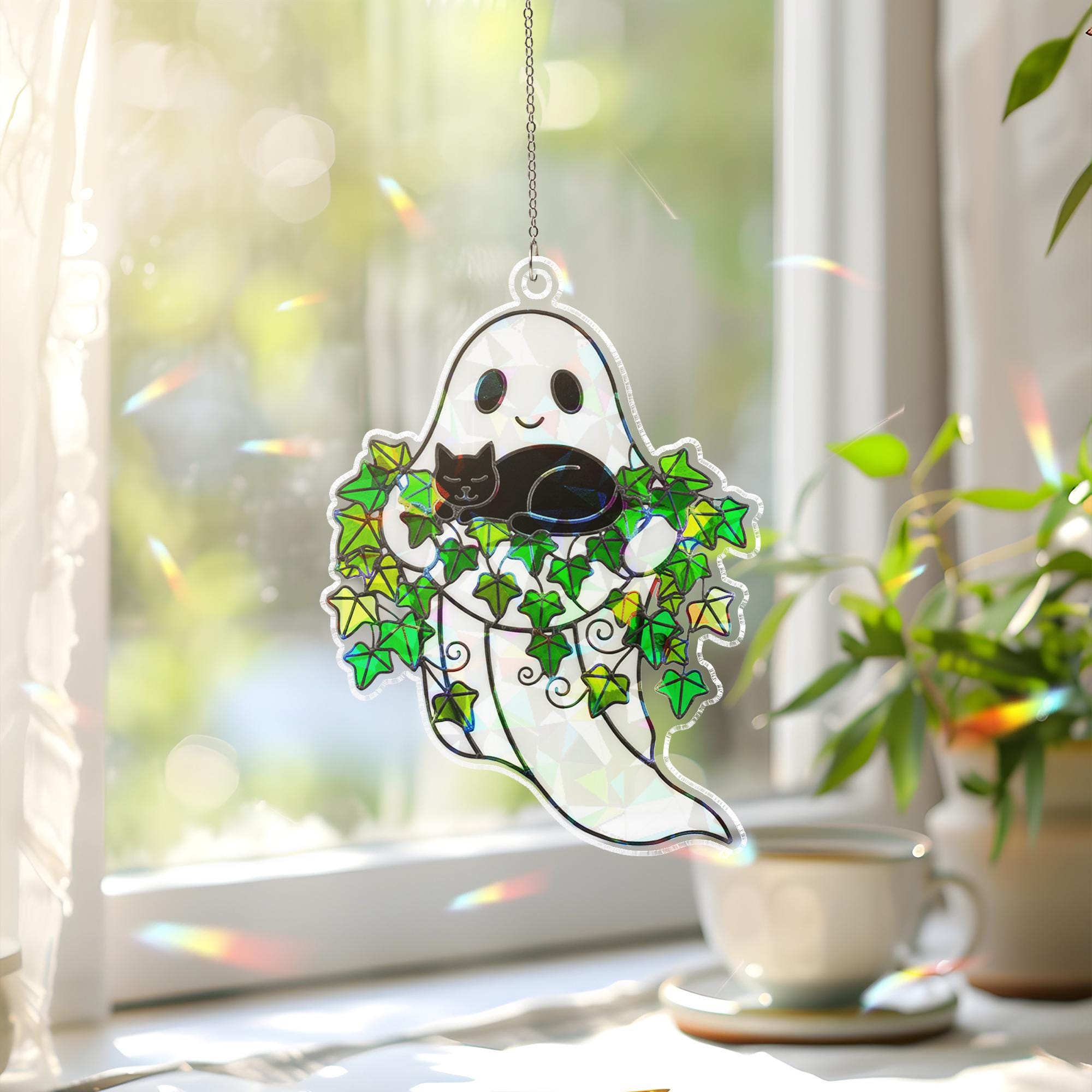 Ghost Window Hanging with Cat and Ivy: Sun Catcher Decoration