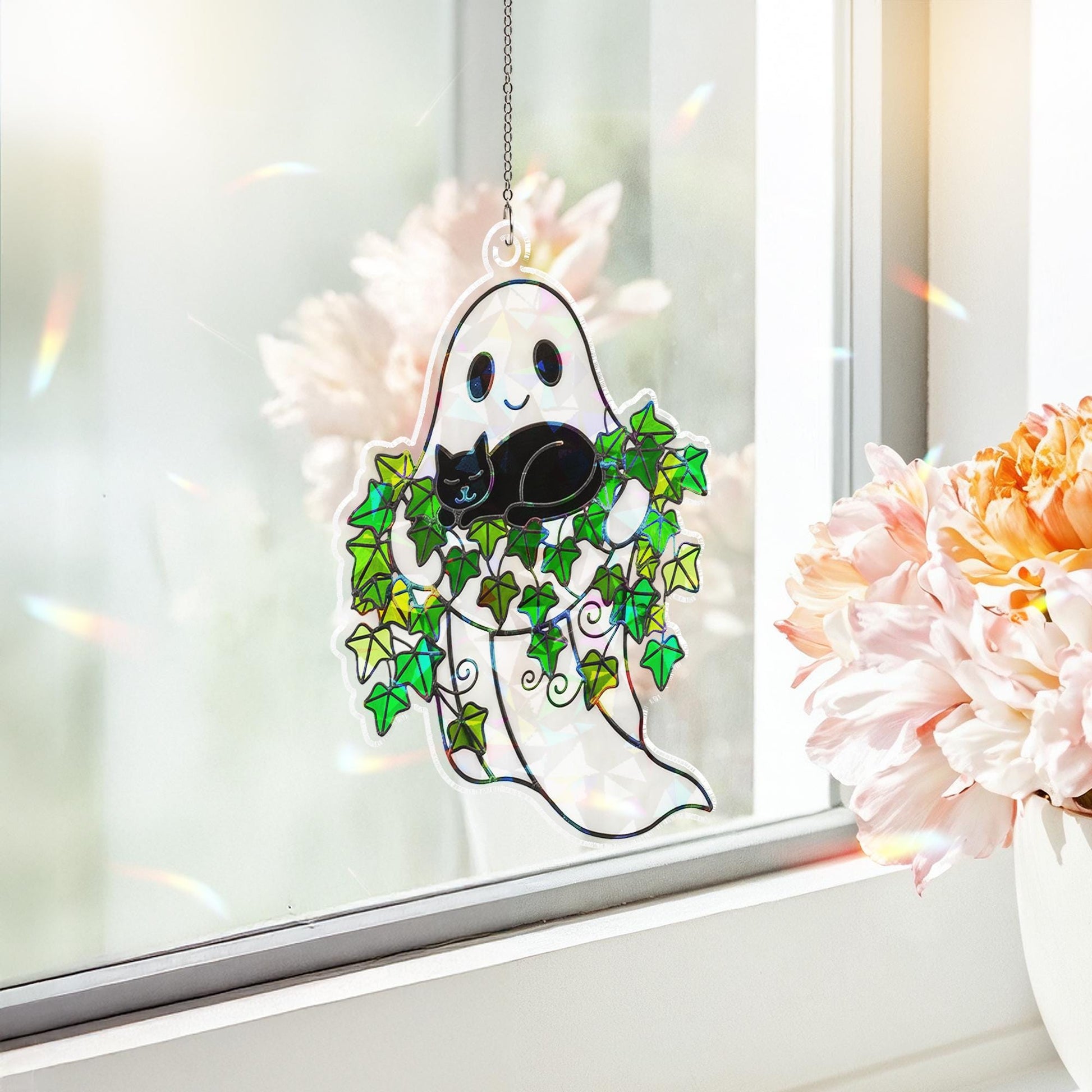 Ghost Window Hanging with Cat and Ivy: Sun Catcher Decoration