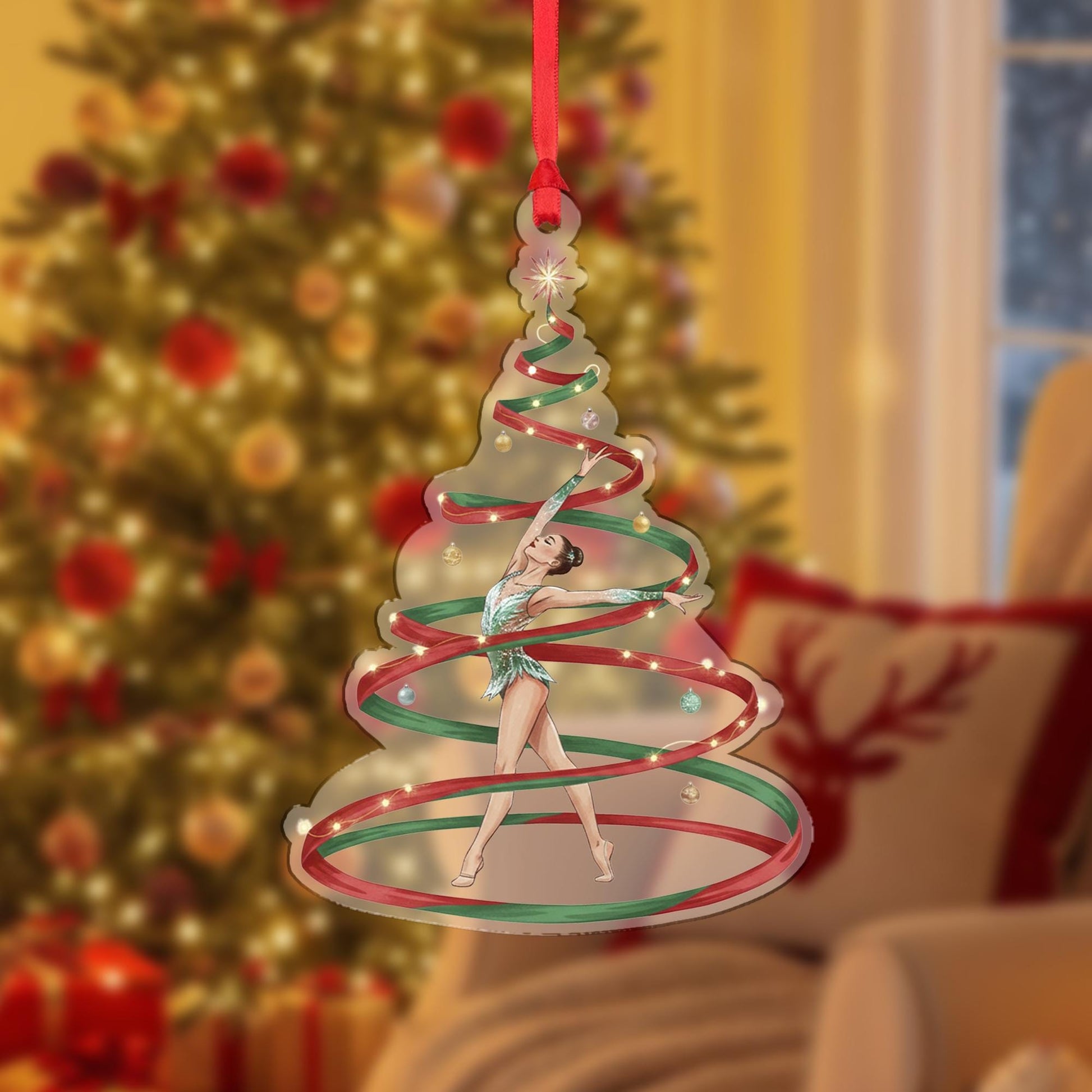 Rhythmic Gymnast Christmas Tree Ornament – Acrylic Hanging Decoration with Red and Green Ribbon Design