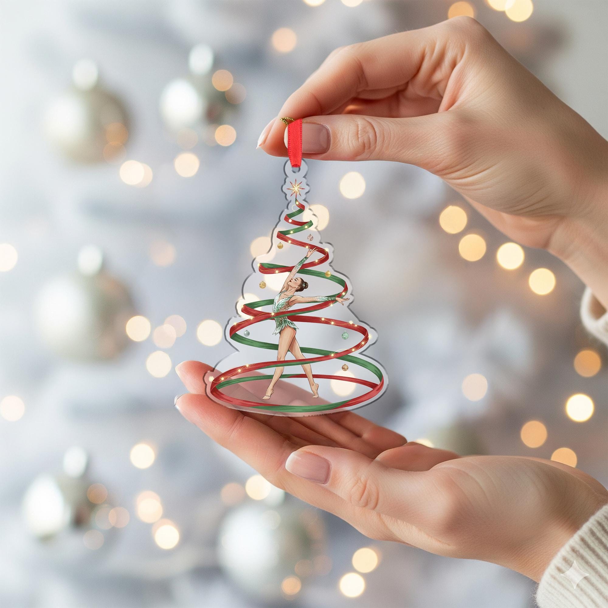 Rhythmic Gymnast Christmas Tree Ornament – Acrylic Hanging Decoration with Red and Green Ribbon Design