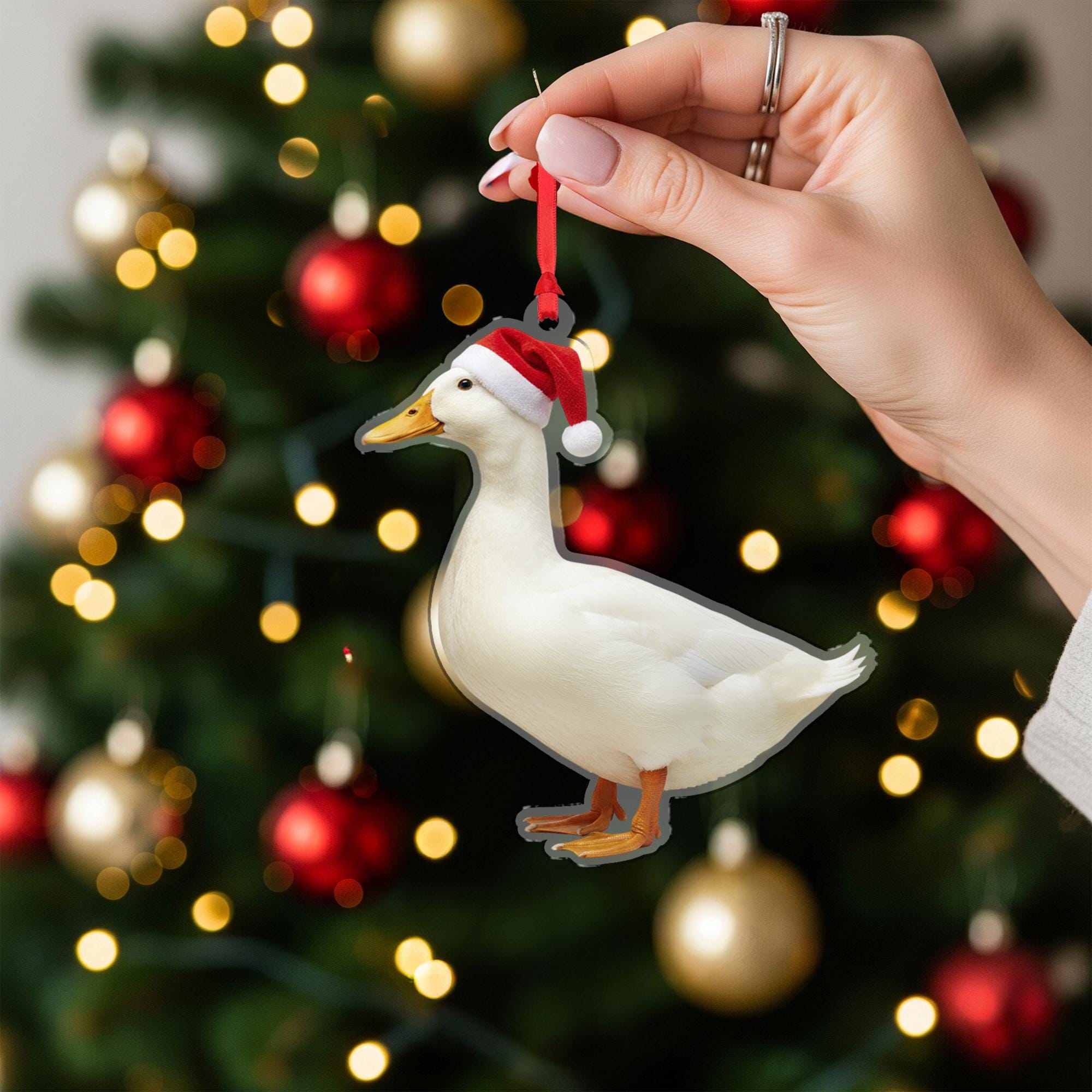 Duck Christmas Ornament – Acrylic Hanging Decoration with Santa Hat Design