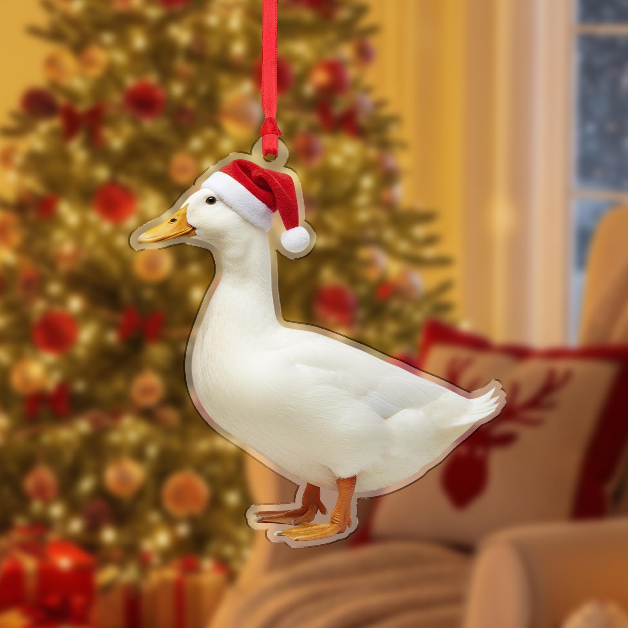 Duck Christmas Ornament – Acrylic Hanging Decoration with Santa Hat Design