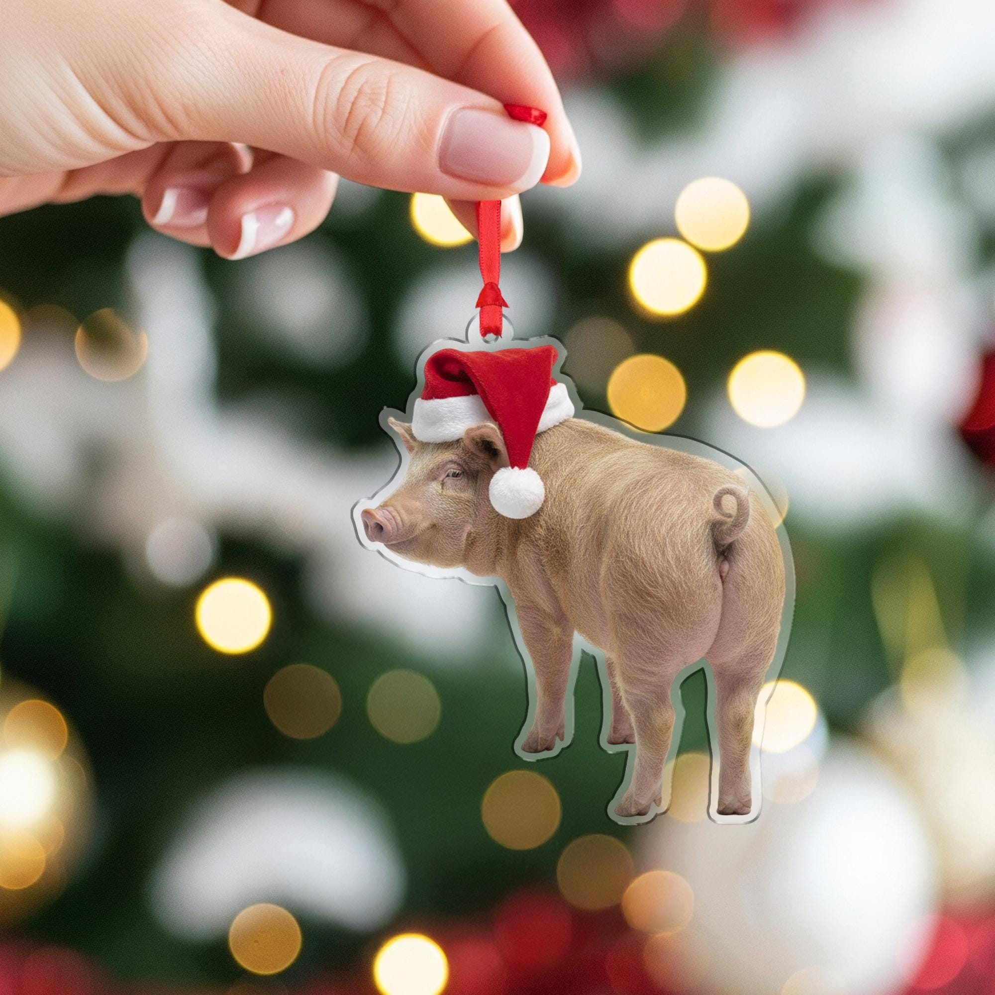 Pig Christmas Ornament – Acrylic Hanging Decoration with Santa Hat Design