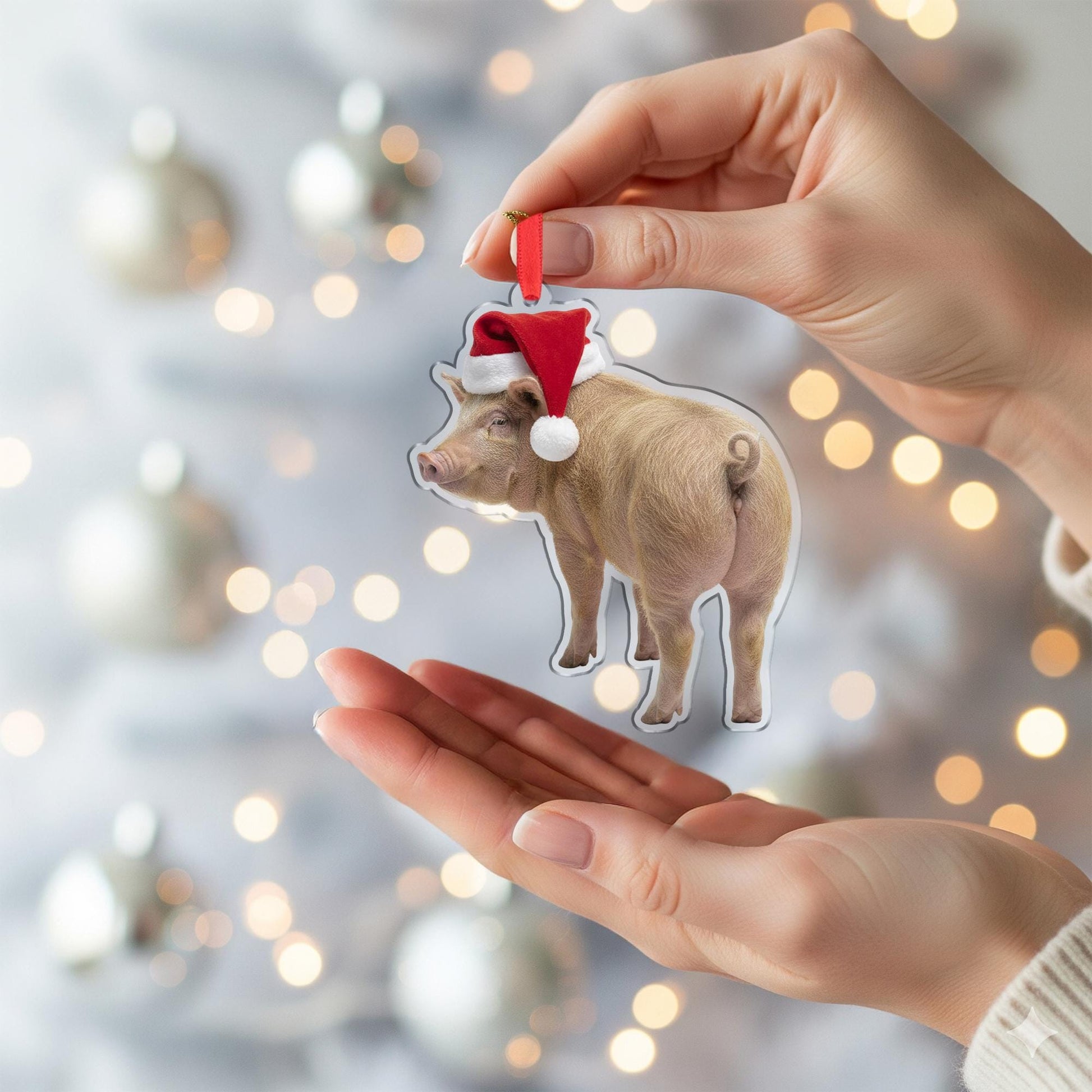 Pig Christmas Ornament – Acrylic Hanging Decoration with Santa Hat Design