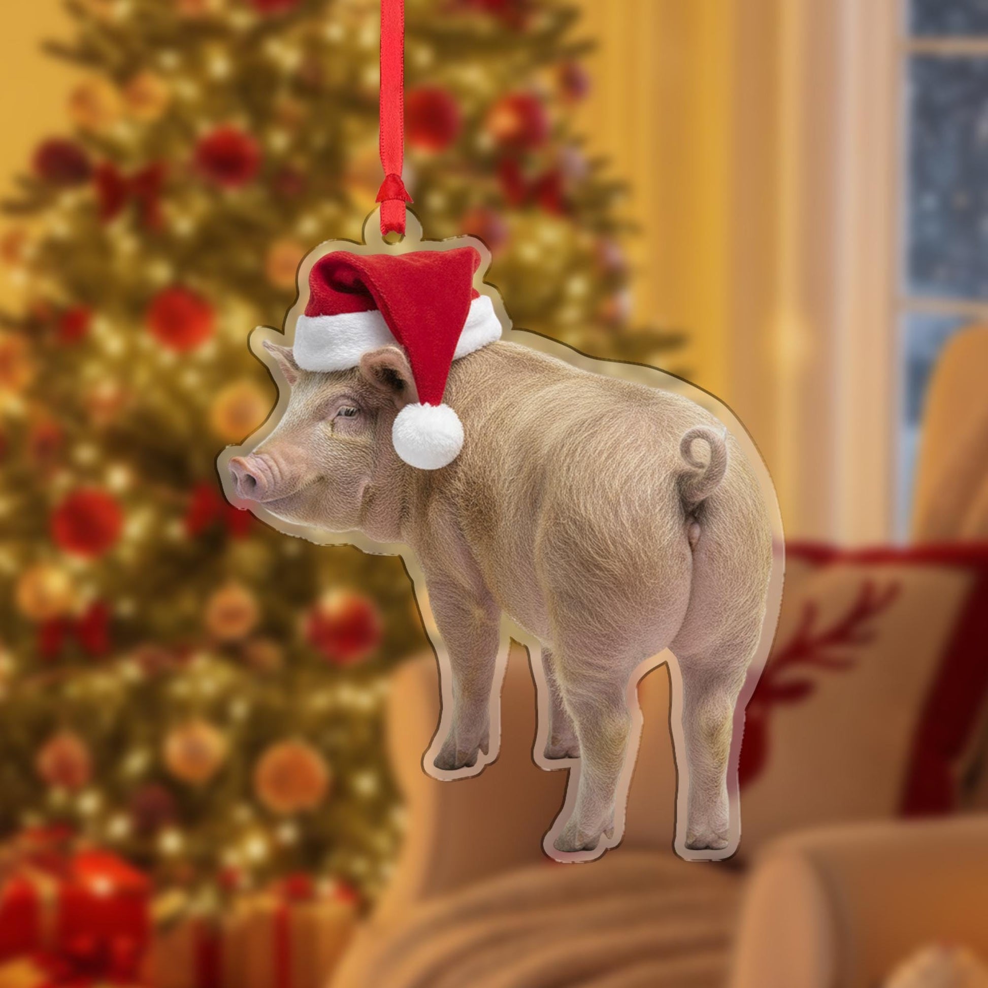 Pig Christmas Ornament – Acrylic Hanging Decoration with Santa Hat Design