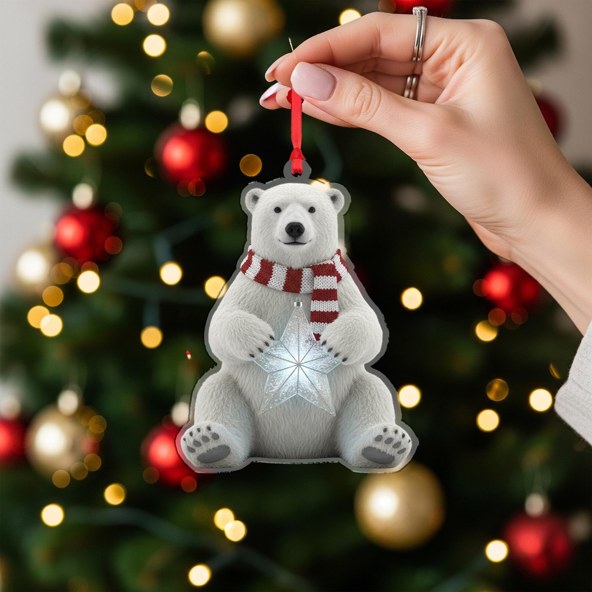 Polar Bear Christmas Ornament – Acrylic Hanging Decoration with Scarf and Star Design