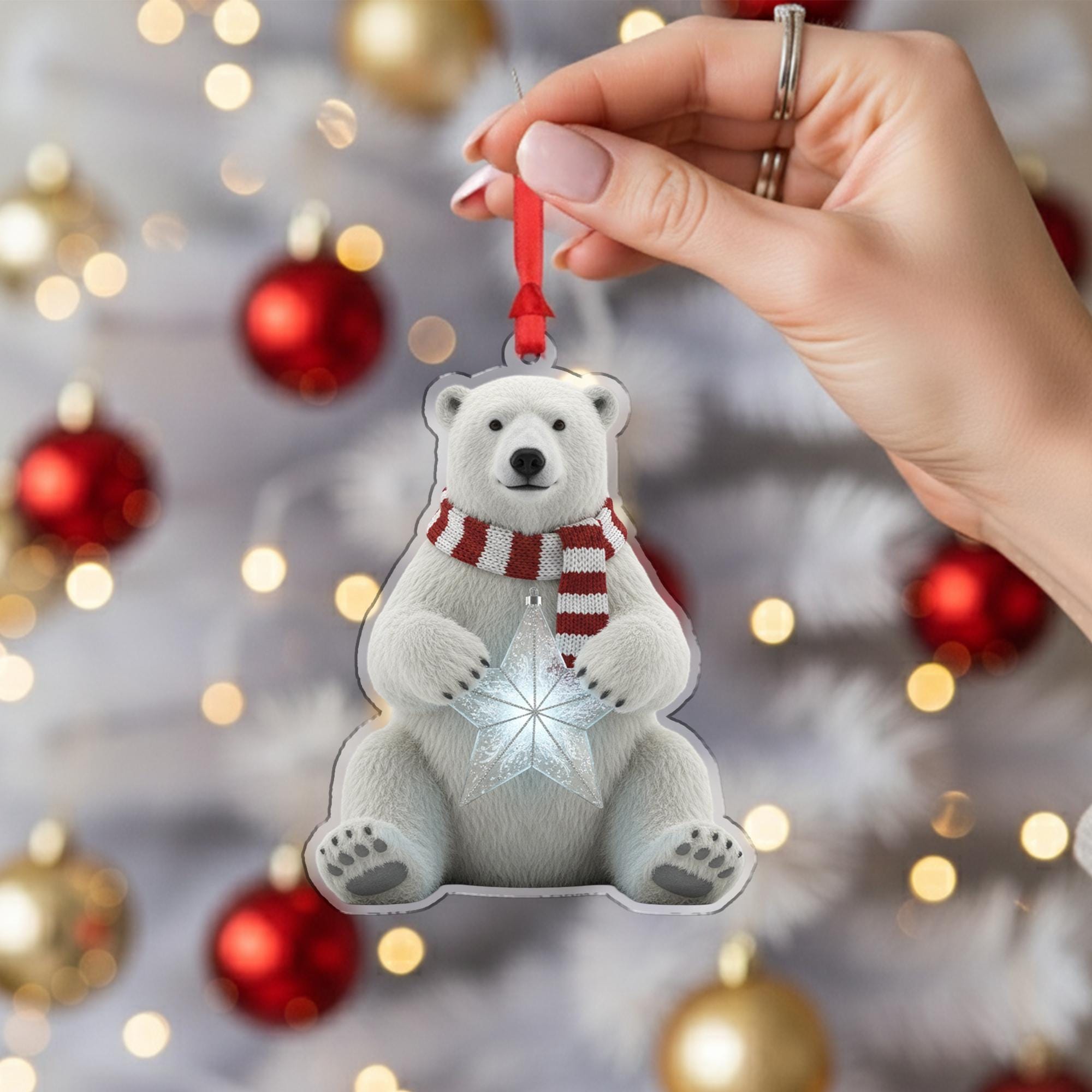 Polar Bear Christmas Ornament – Acrylic Hanging Decoration with Scarf and Star Design