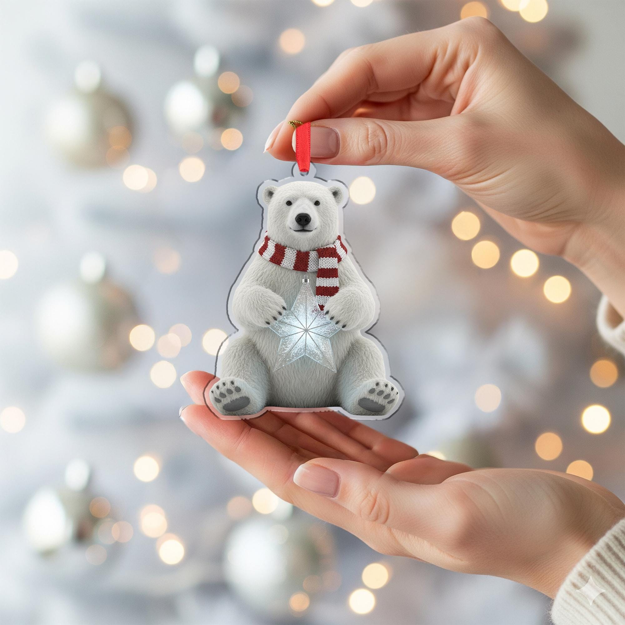 Polar Bear Christmas Ornament – Acrylic Hanging Decoration with Scarf and Star Design