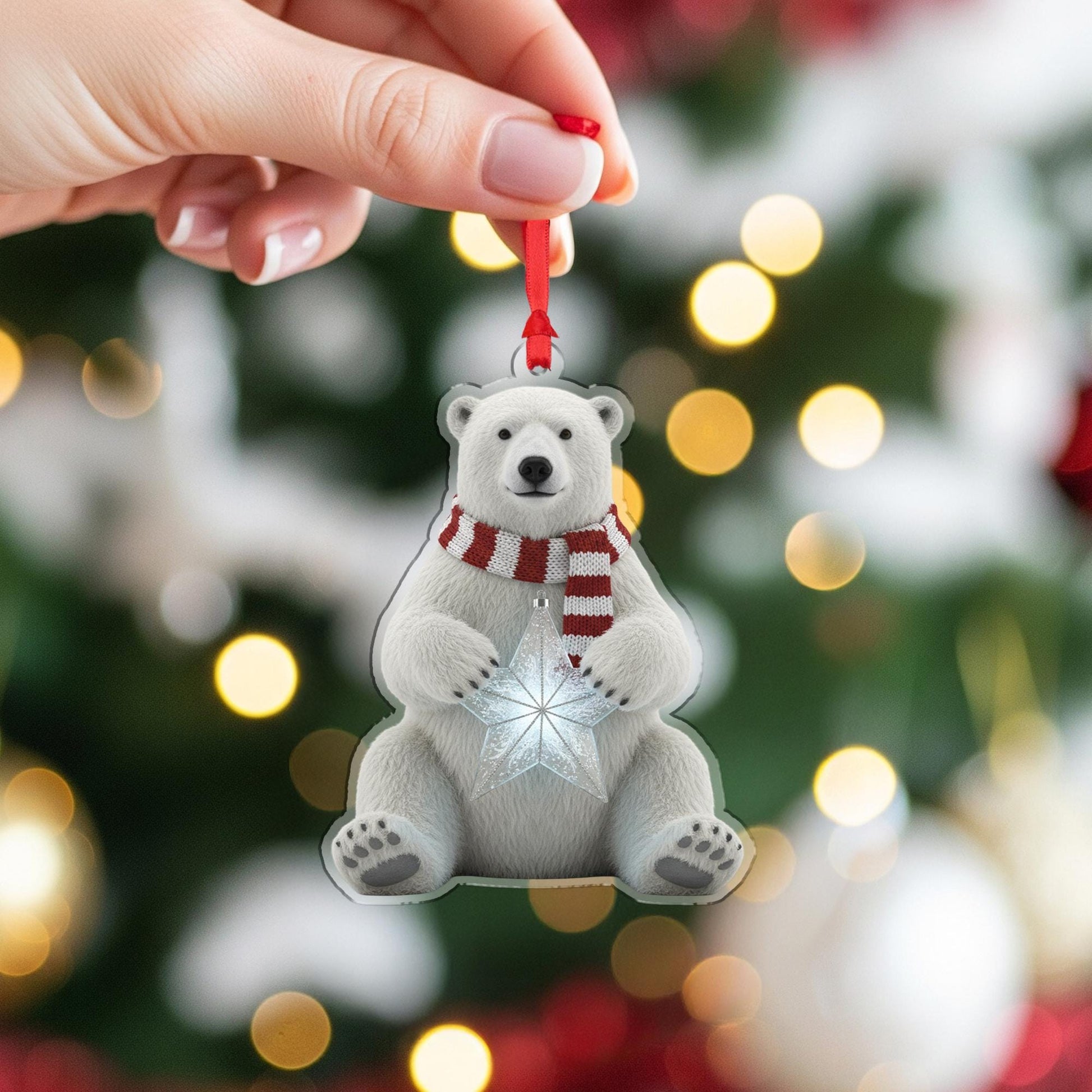Polar Bear Christmas Ornament – Acrylic Hanging Decoration with Scarf and Star Design