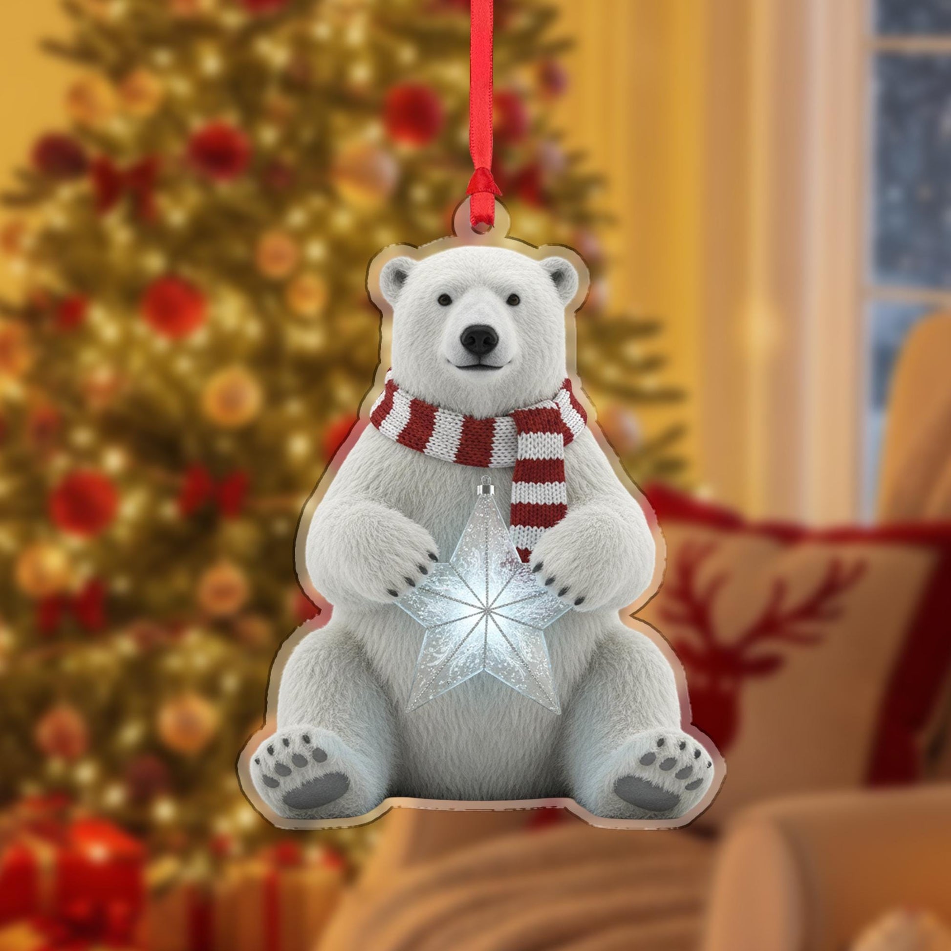 Polar Bear Christmas Ornament – Acrylic Hanging Decoration with Scarf and Star Design