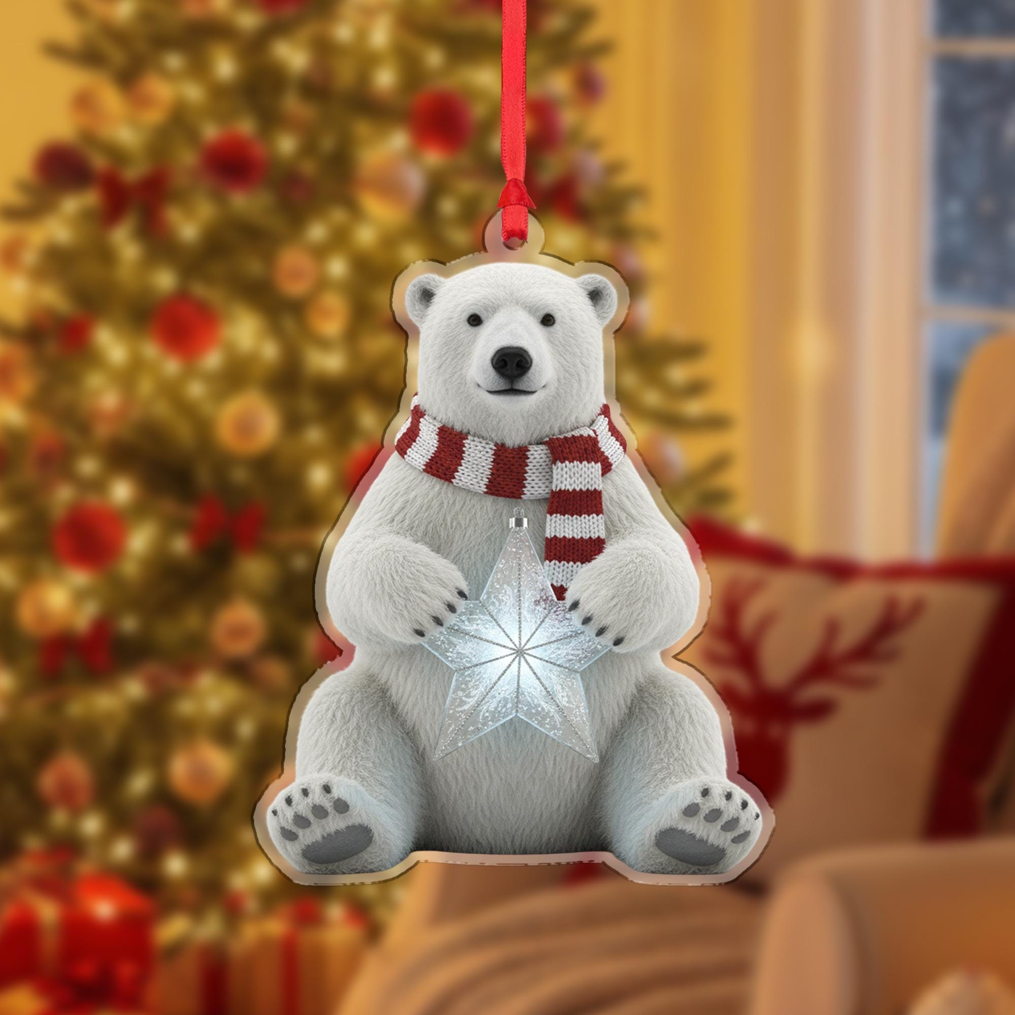 Polar Bear Christmas Ornament – Acrylic Hanging Decoration with Scarf and Star Design