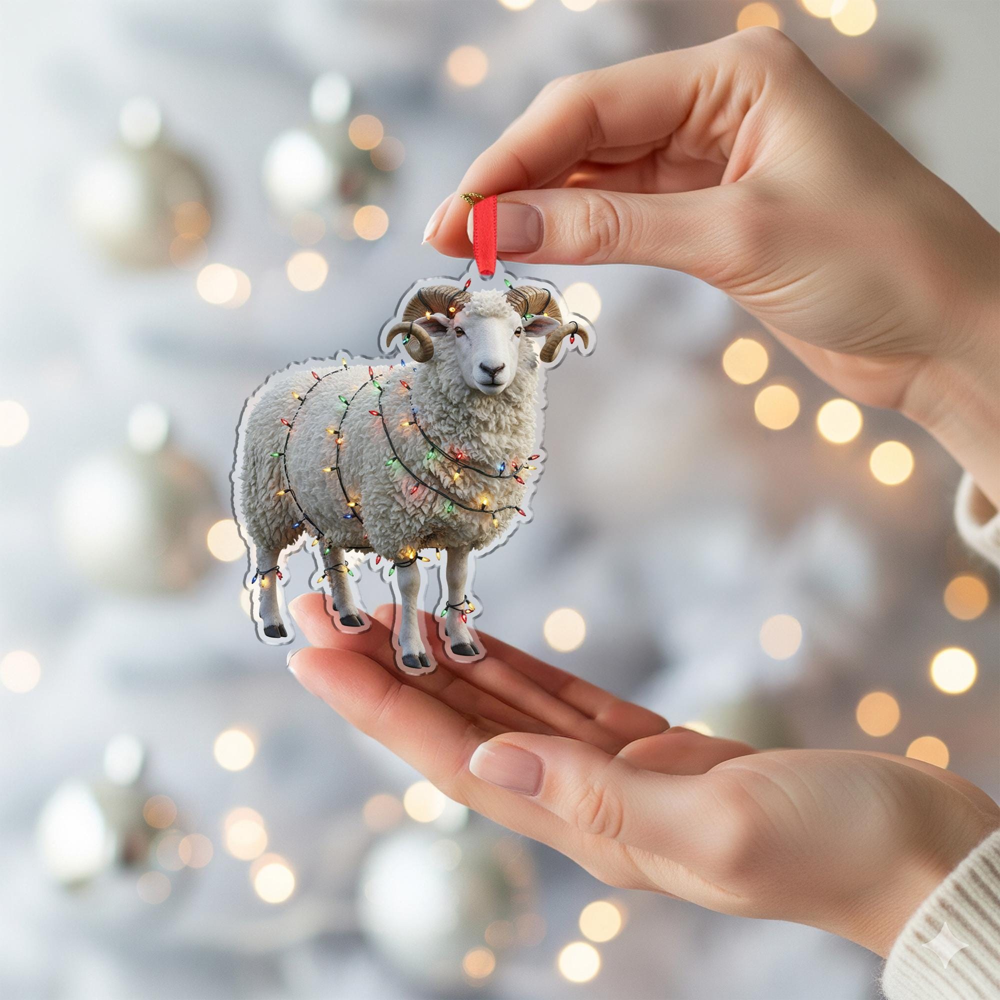 Sheep Christmas Ornament – Acrylic Hanging Decoration with Holiday Lights Design