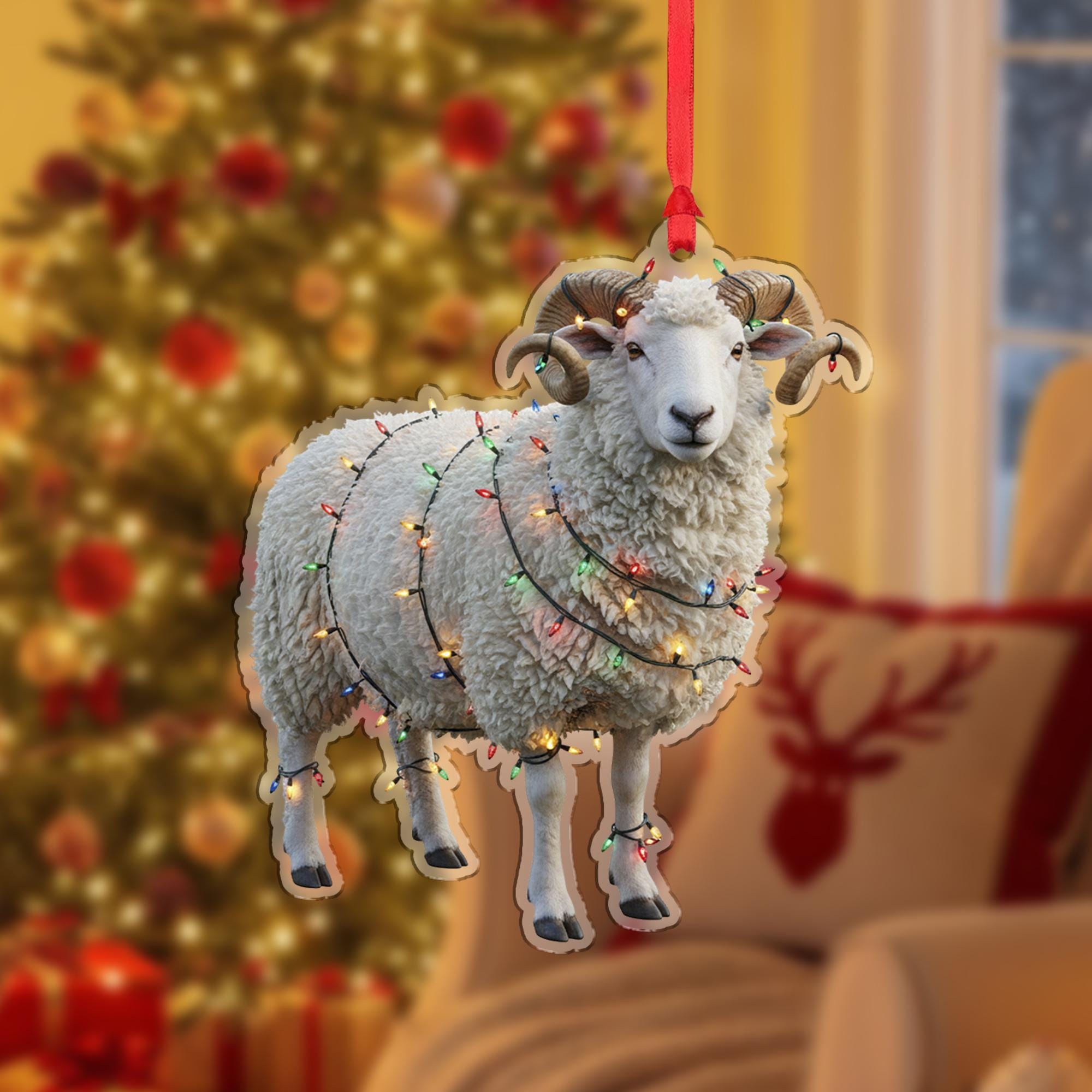 Sheep Christmas Ornament – Acrylic Hanging Decoration with Holiday Lights Design