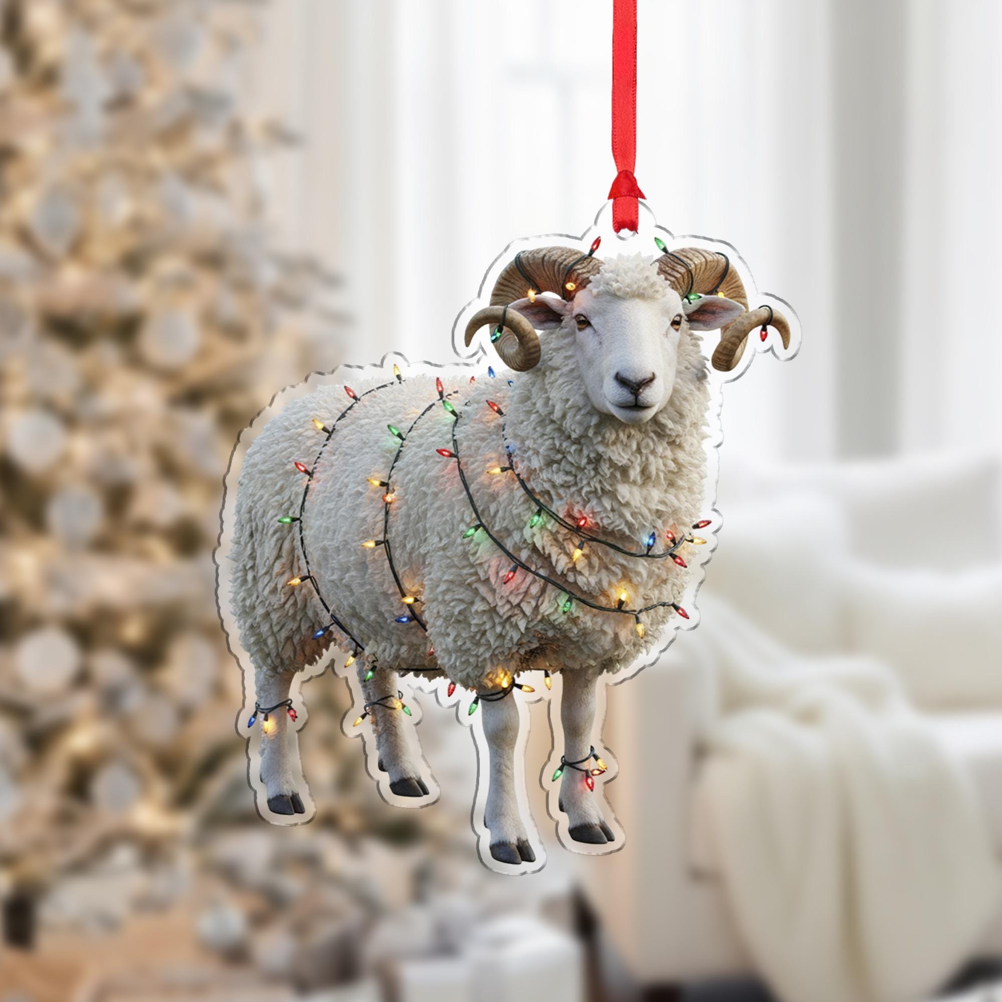 Sheep Christmas Ornament – Acrylic Hanging Decoration with Holiday Lights Design