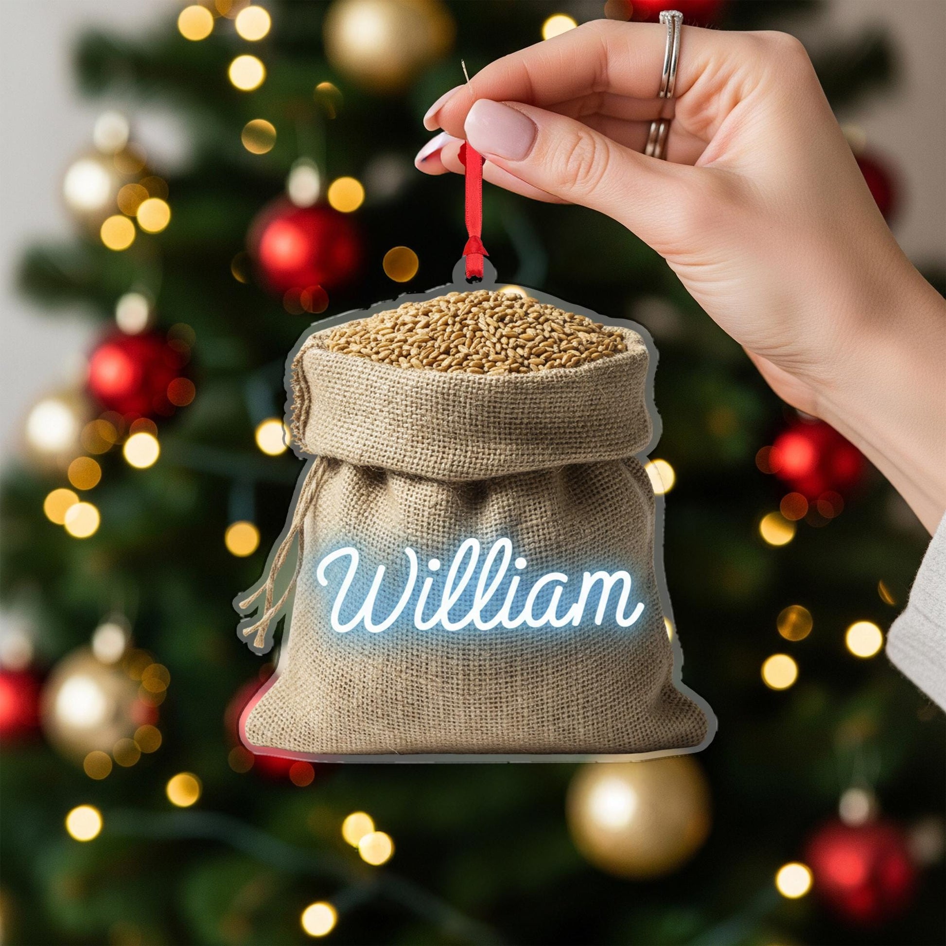 Personalized Grain Sack Christmas Ornament – Burlap Acrylic Hanging Decoration with Custom Name