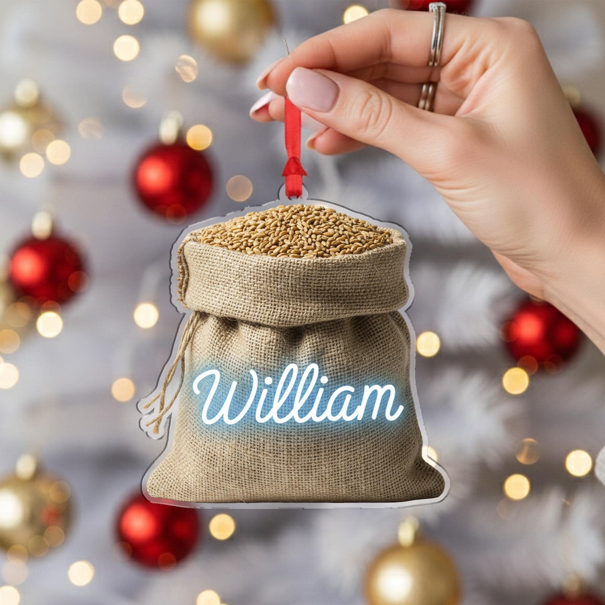 Personalized Grain Sack Christmas Ornament – Burlap Acrylic Hanging Decoration with Custom Name