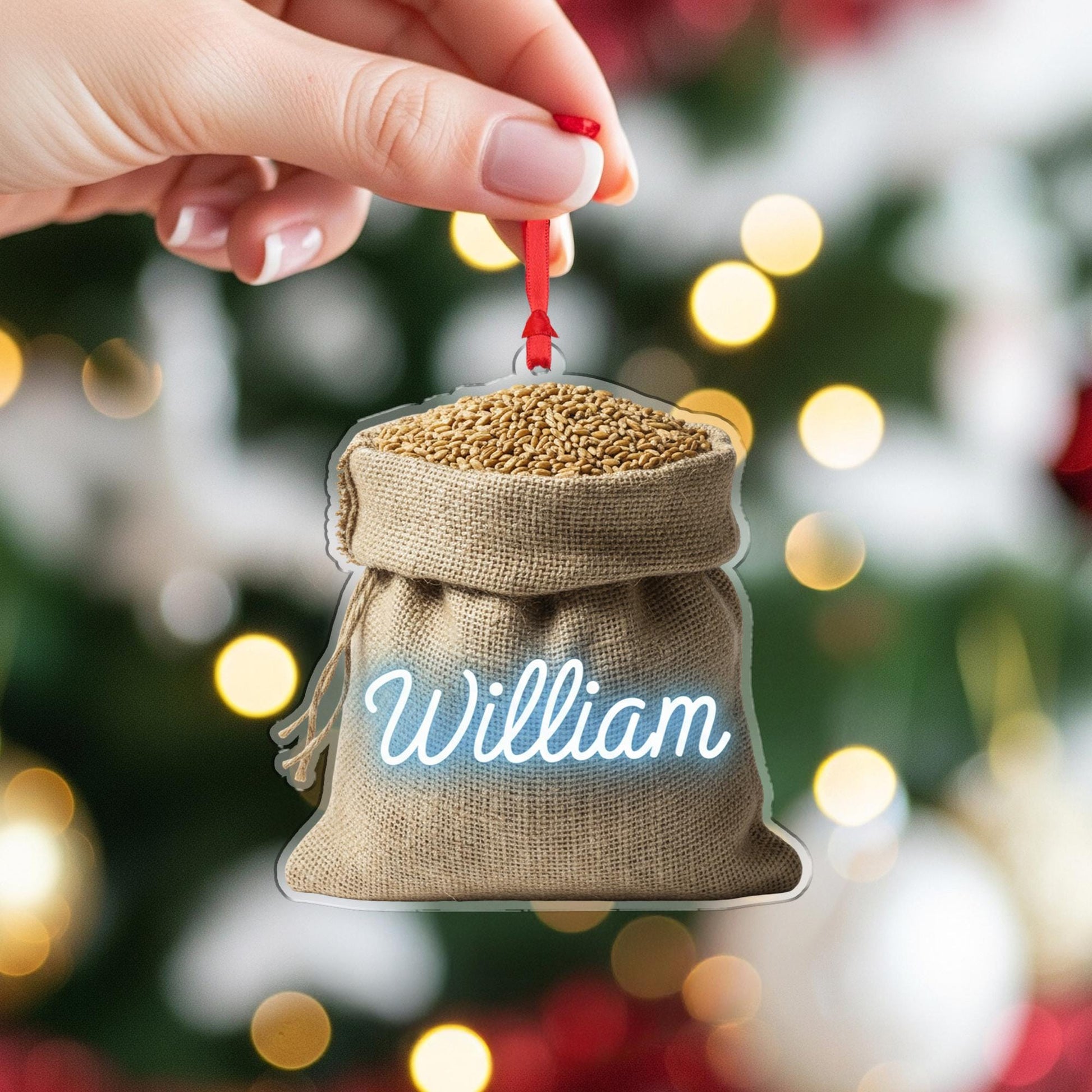 Personalized Grain Sack Christmas Ornament – Burlap Acrylic Hanging Decoration with Custom Name