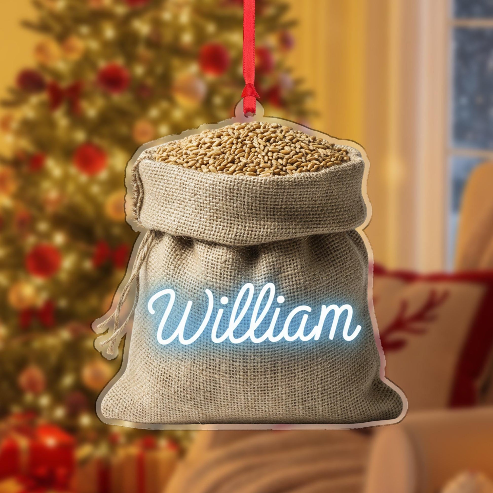 Personalized Grain Sack Christmas Ornament – Burlap Acrylic Hanging Decoration with Custom Name