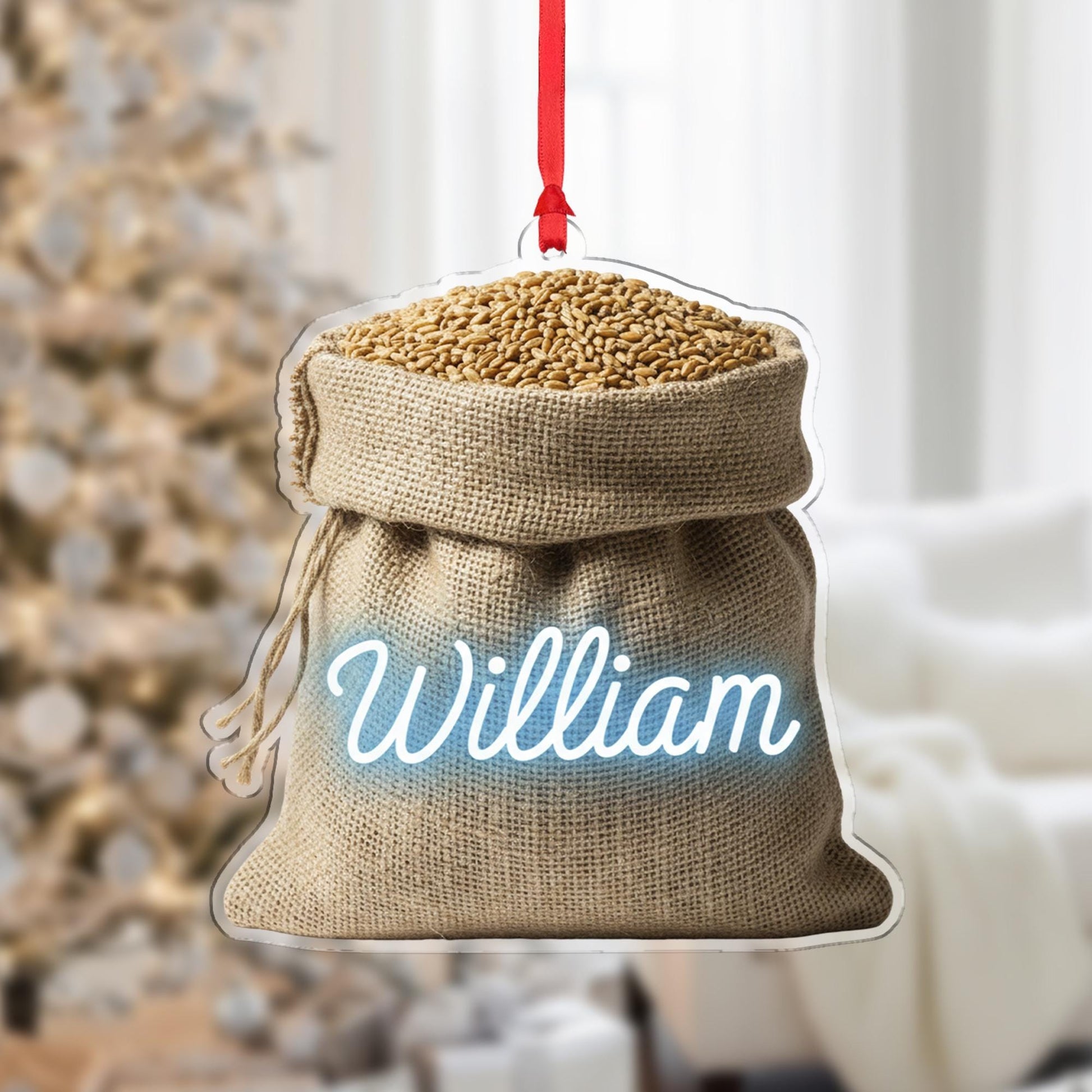 Personalized Grain Sack Christmas Ornament – Burlap Acrylic Hanging Decoration with Custom Name