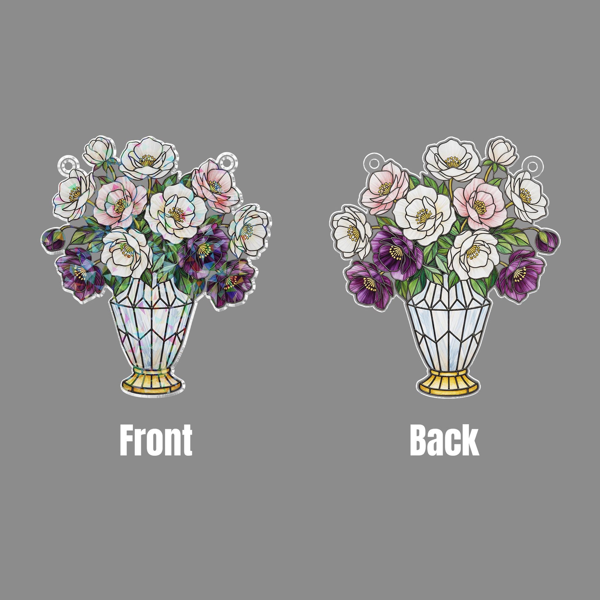 Holographic Window Hanging – Christmas Rose Vase Decoration with White and Purple Flowers