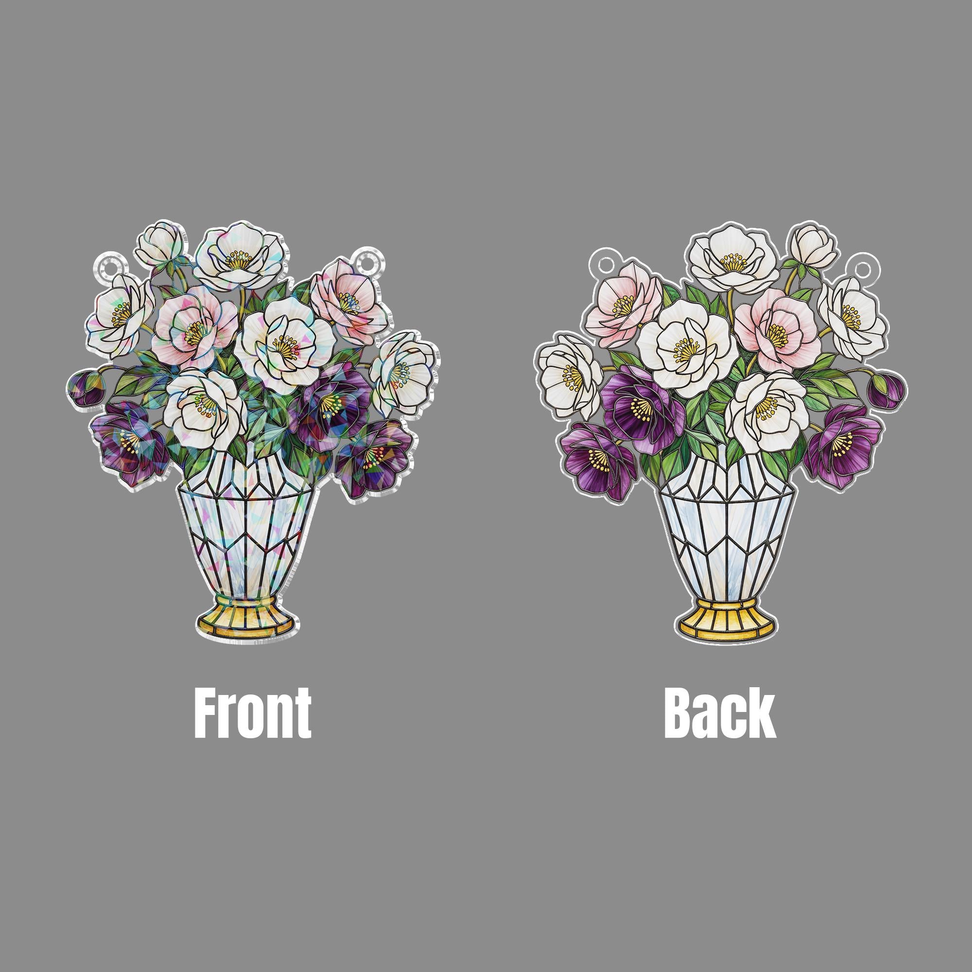 Holographic Window Hanging – Christmas Rose Vase Decoration with White and Purple Flowers