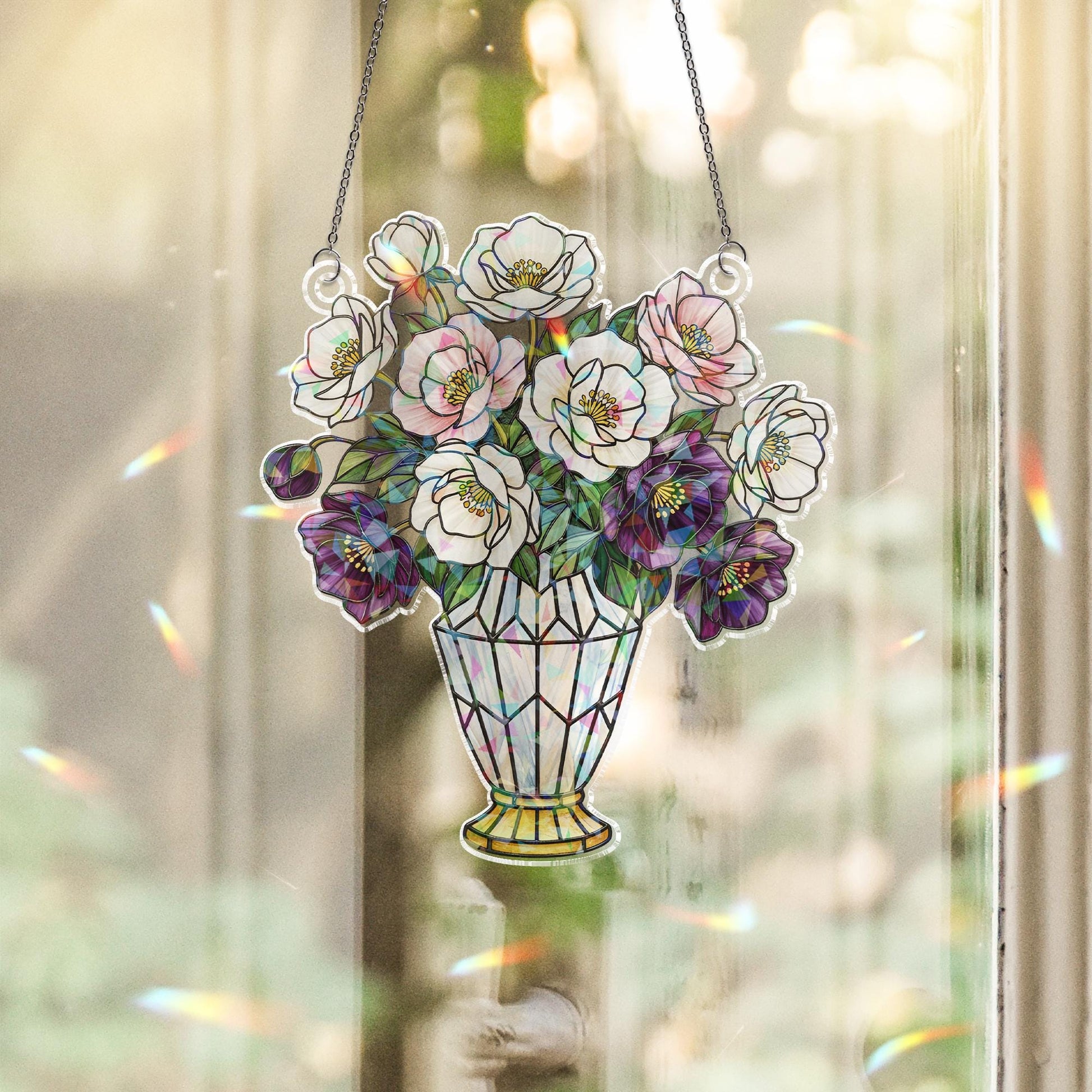 Holographic Window Hanging – Christmas Rose Vase Decoration with White and Purple Flowers