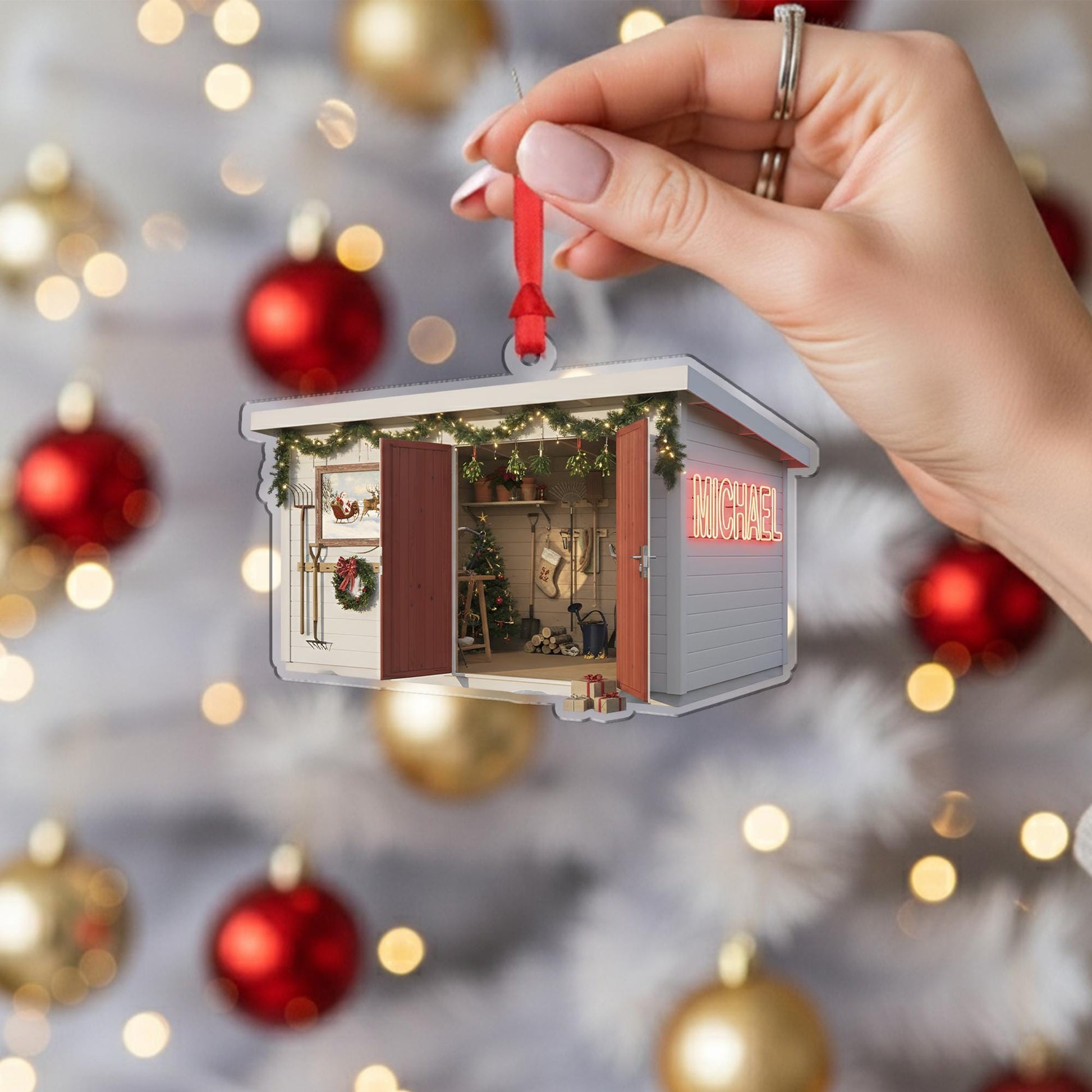 Personalized Farm Shed Christmas Ornament – Acrylic Hanging Decoration with Holiday Lights Design