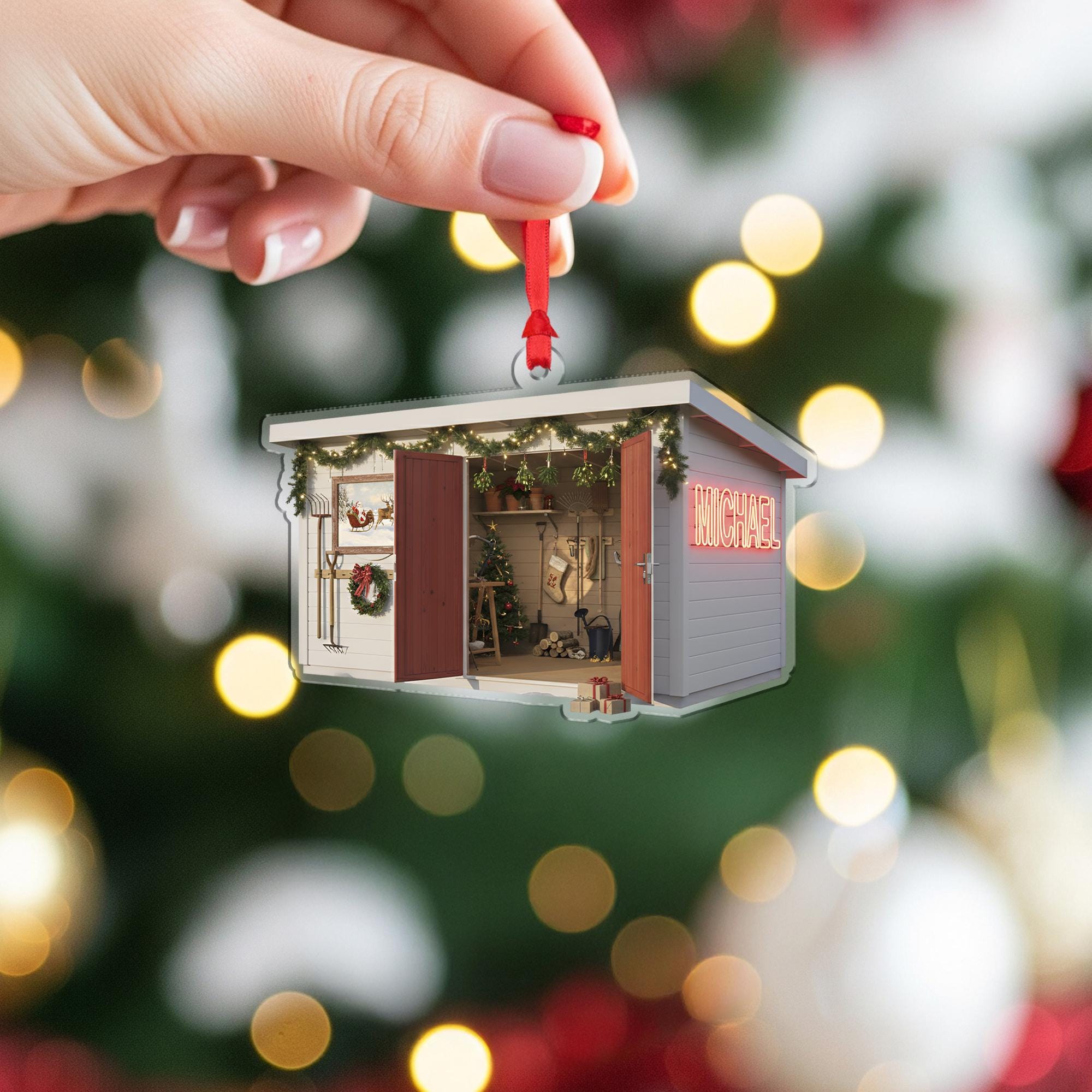 Personalized Farm Shed Christmas Ornament – Acrylic Hanging Decoration with Holiday Lights Design