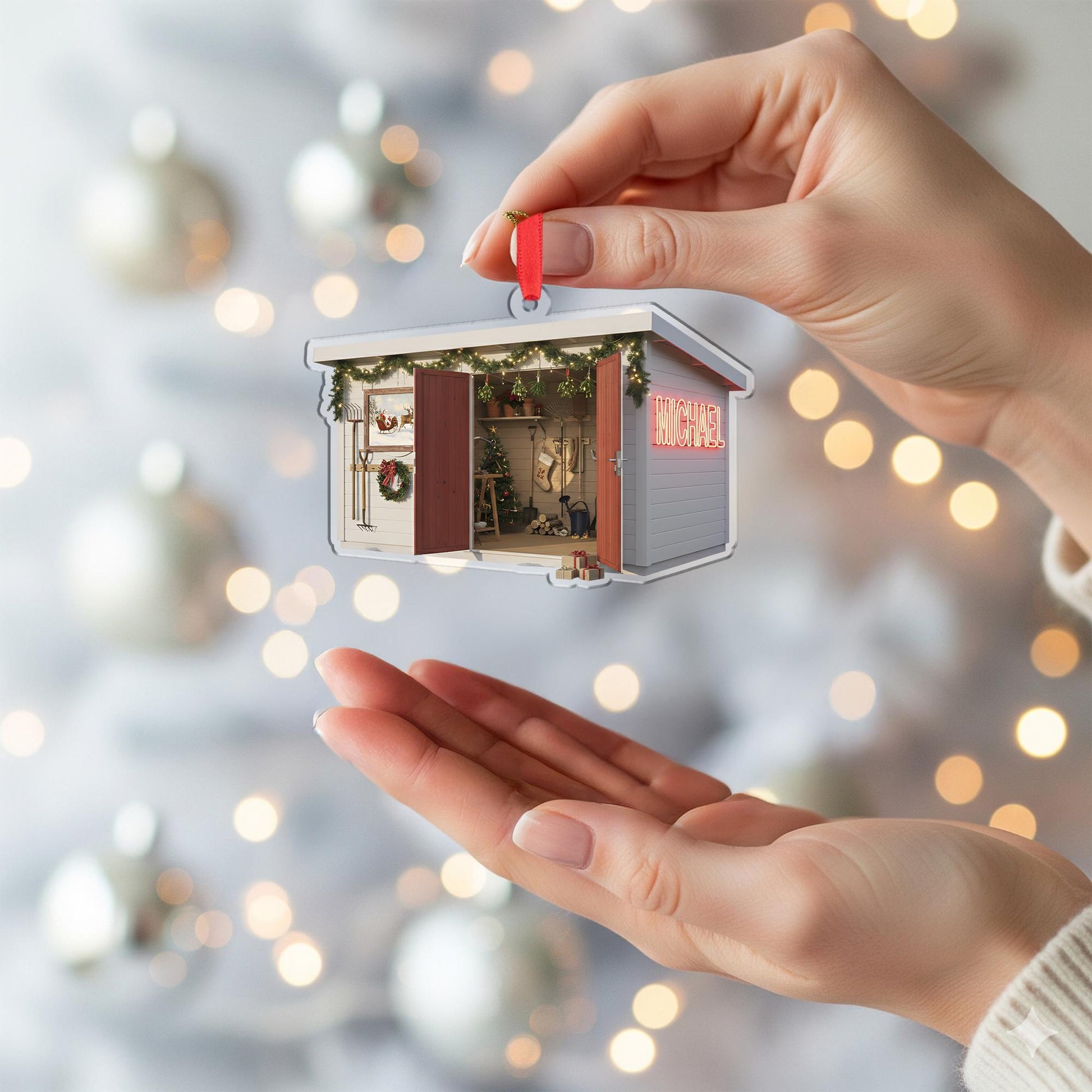 Personalized Farm Shed Christmas Ornament – Acrylic Hanging Decoration with Holiday Lights Design