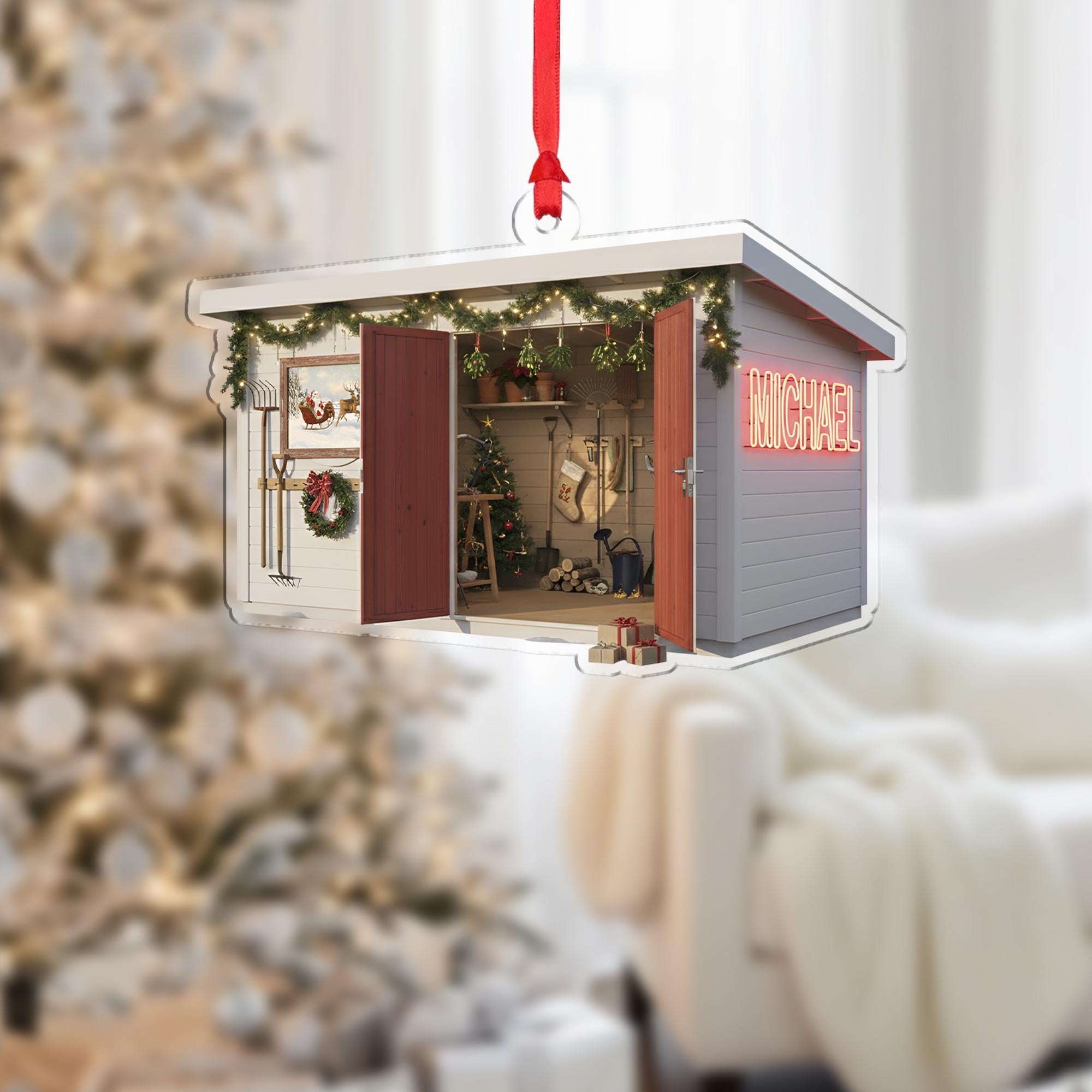 Personalized Farm Shed Christmas Ornament – Acrylic Hanging Decoration with Holiday Lights Design