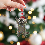 Personalized Raccoon Ornament: Custom Name Christmas Tree Decoration with Santa Hat and Lights