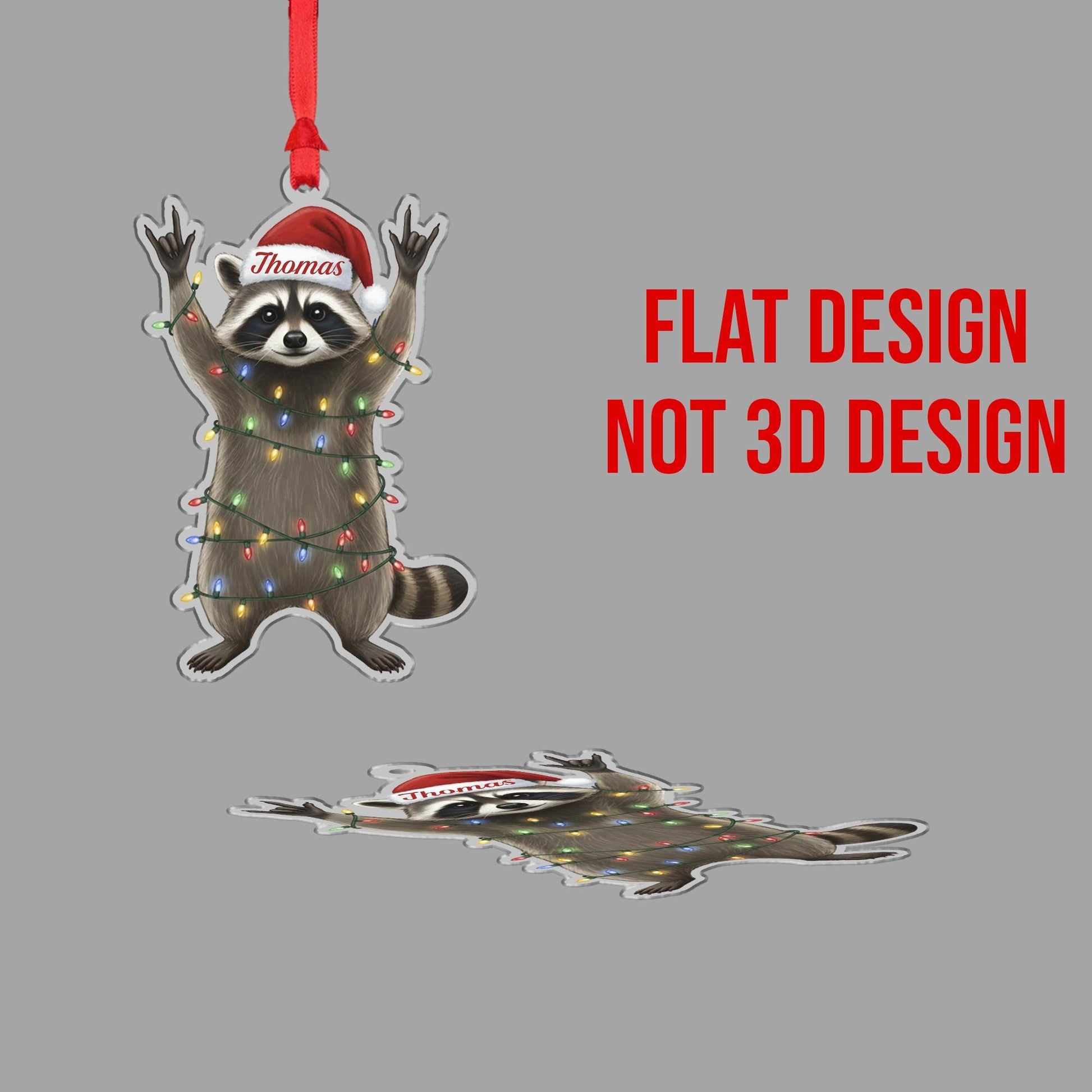 Personalized Raccoon Ornament: Custom Name Christmas Tree Decoration with Santa Hat and Lights